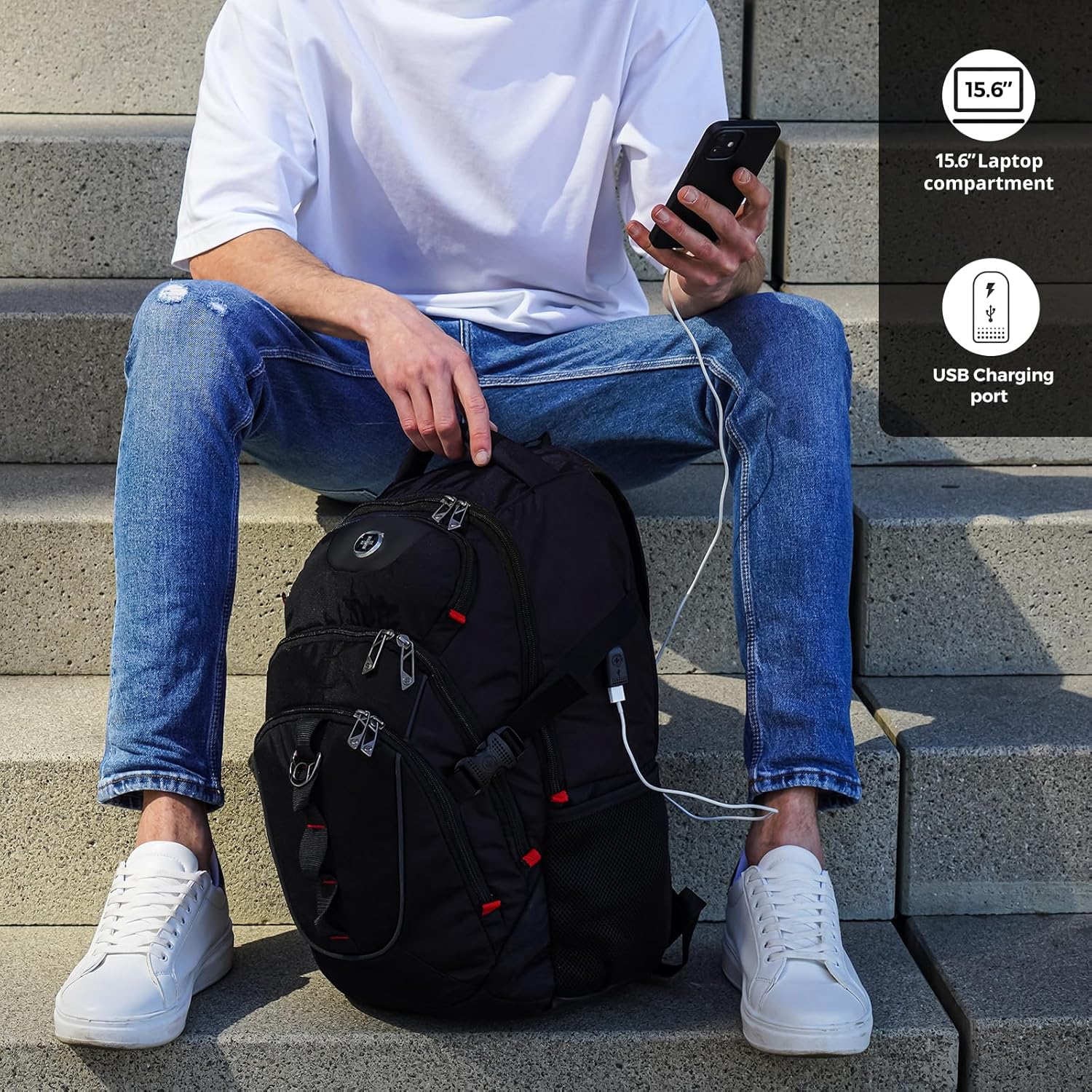 Swissdigital Design Laptop Backpack with USB Charging Port, Travel Backpack Fits...