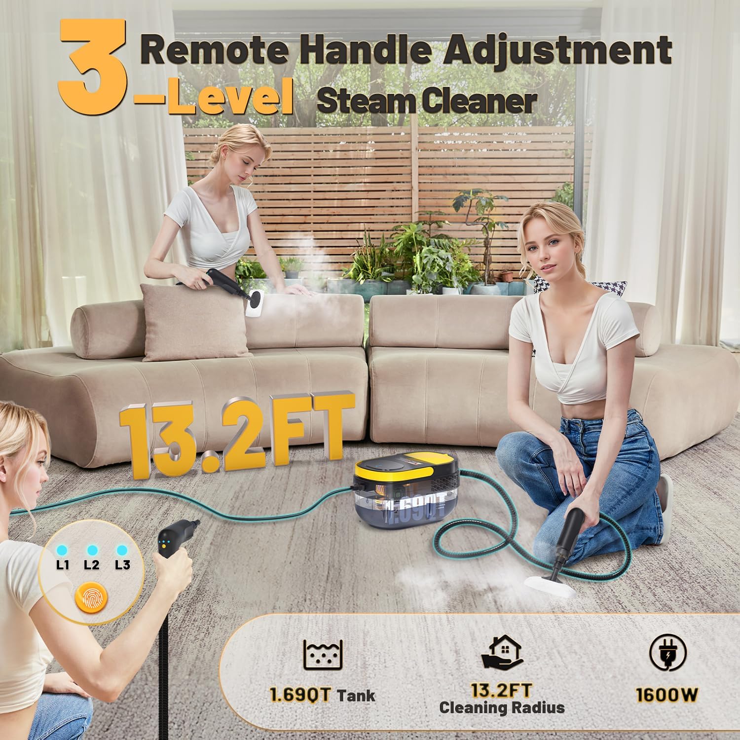 Gautye Steam Cleaner, 3-Level Adjustable Handle, 15s Heat-Up, 1.69 Quarts Tank,...