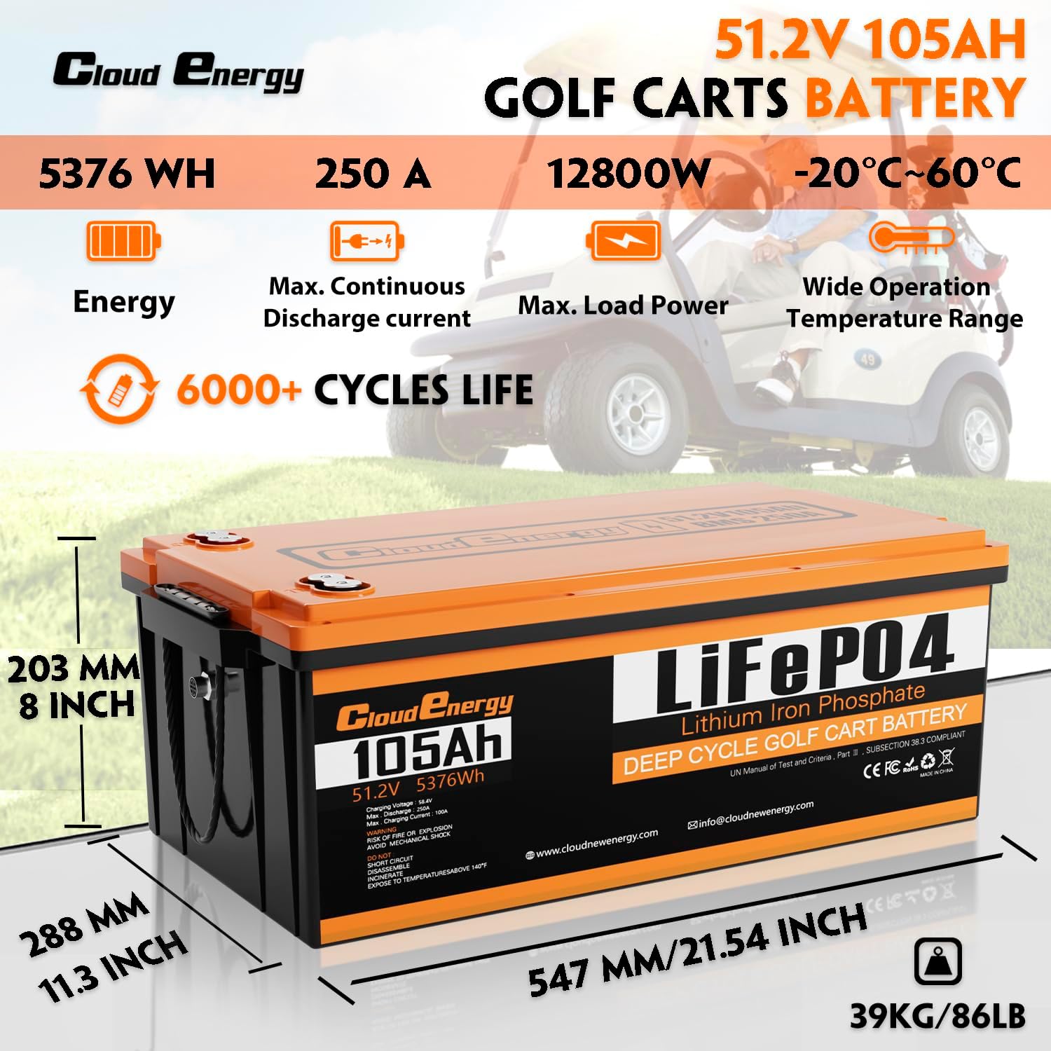 Cloudenergy 48V(51.2V) 105AH LiFePO4 Lithium Golf Cart Battery Built-in 250A BMS...