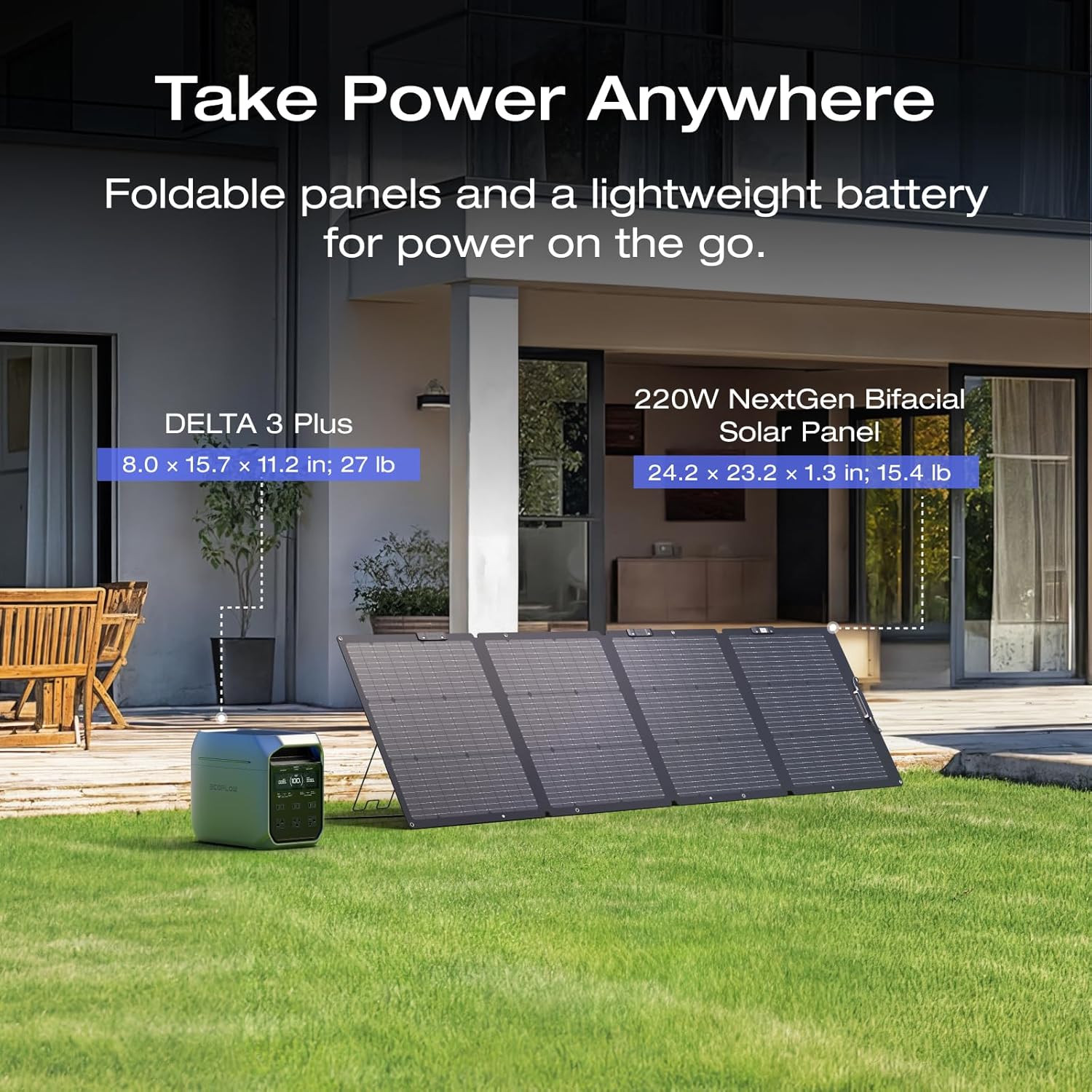 EF ECOFLOW Solar Generator DELTA 3 Plus with 220W Bifacial Solar Panel, 1000W So...