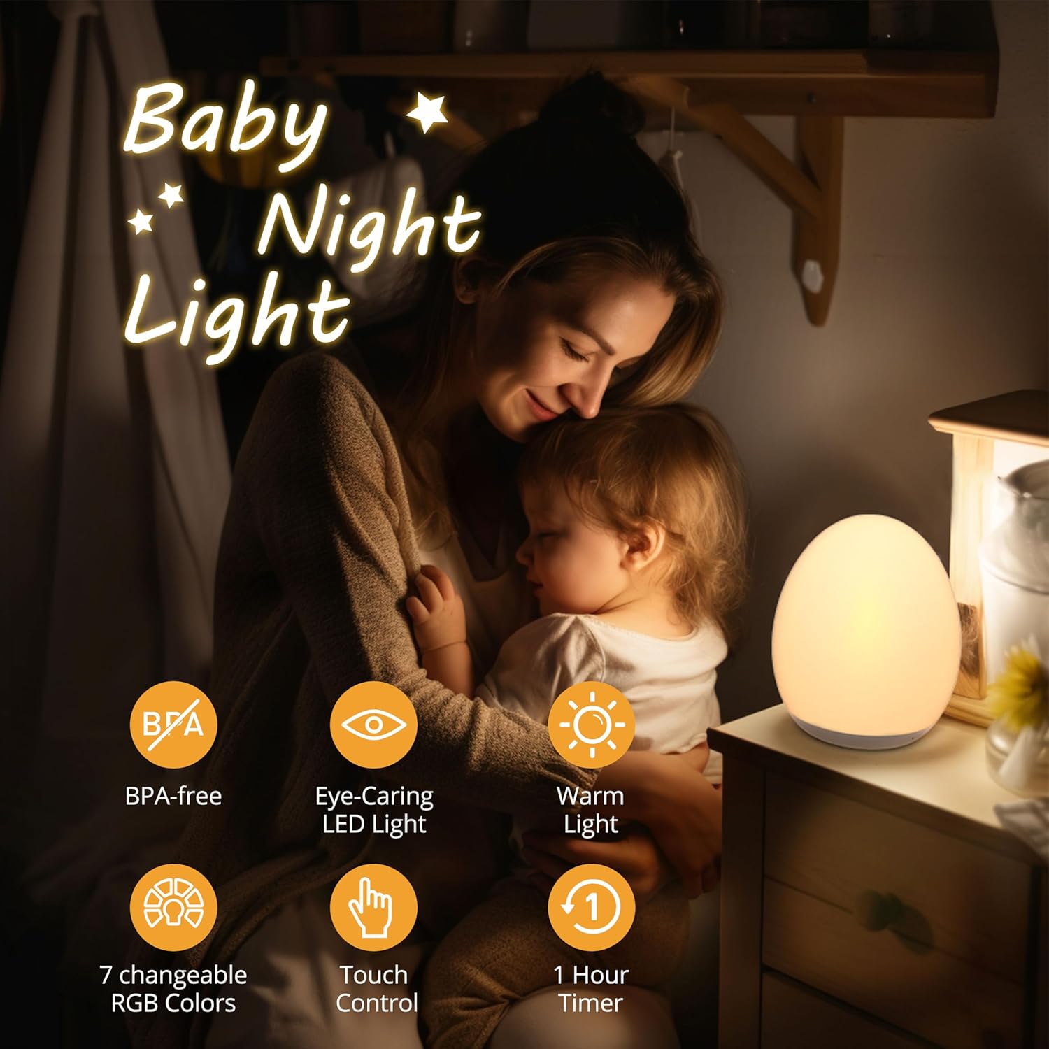 JolyWell Night Light for Kids, Baby Night Light with 7 Colors Changing Mode & St...