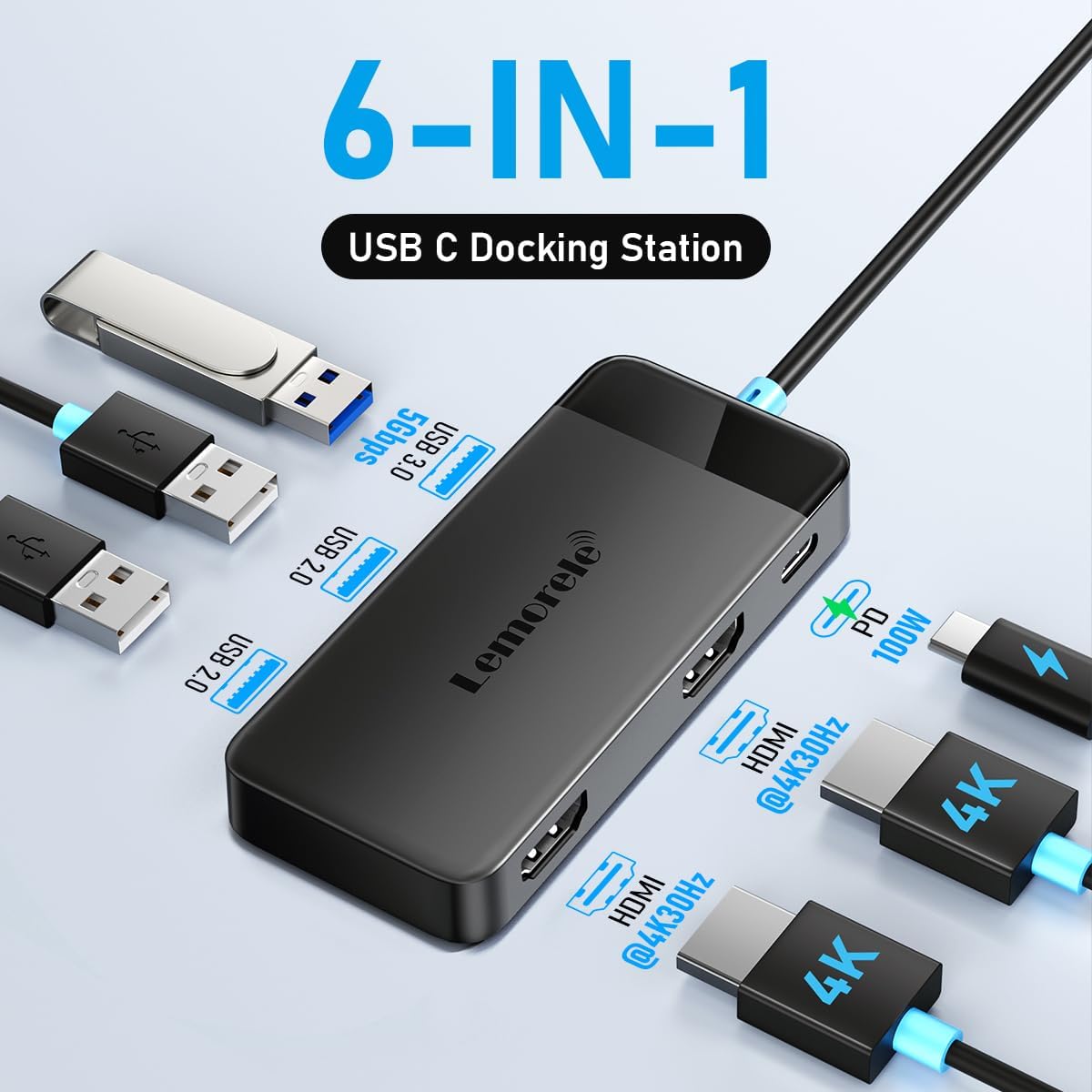High-Performance Lemorele Docking Station, Essential Dual Monitor 6 in 1 USB C H...