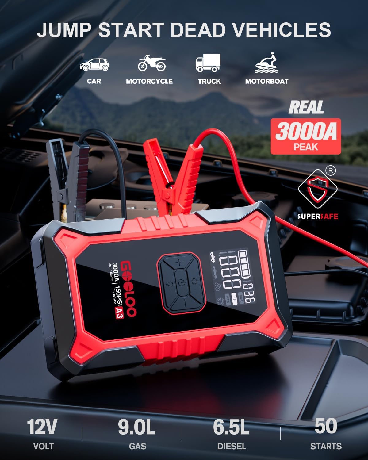 GOOLOO A3 Jump Starter with Air Compressor, 3000A Portable Car Battery Booster (...