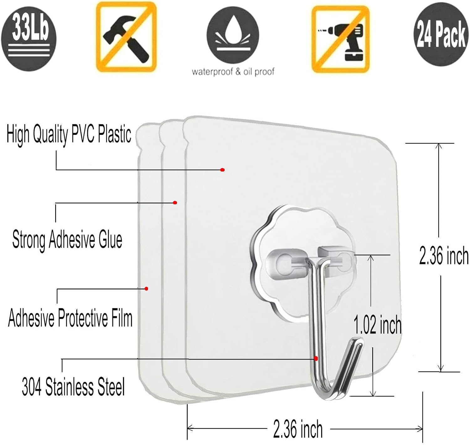 24 Pack Heavy Duty Self Adhesive Hooks - 33lb Max, Transparent, Waterproof, Stic...