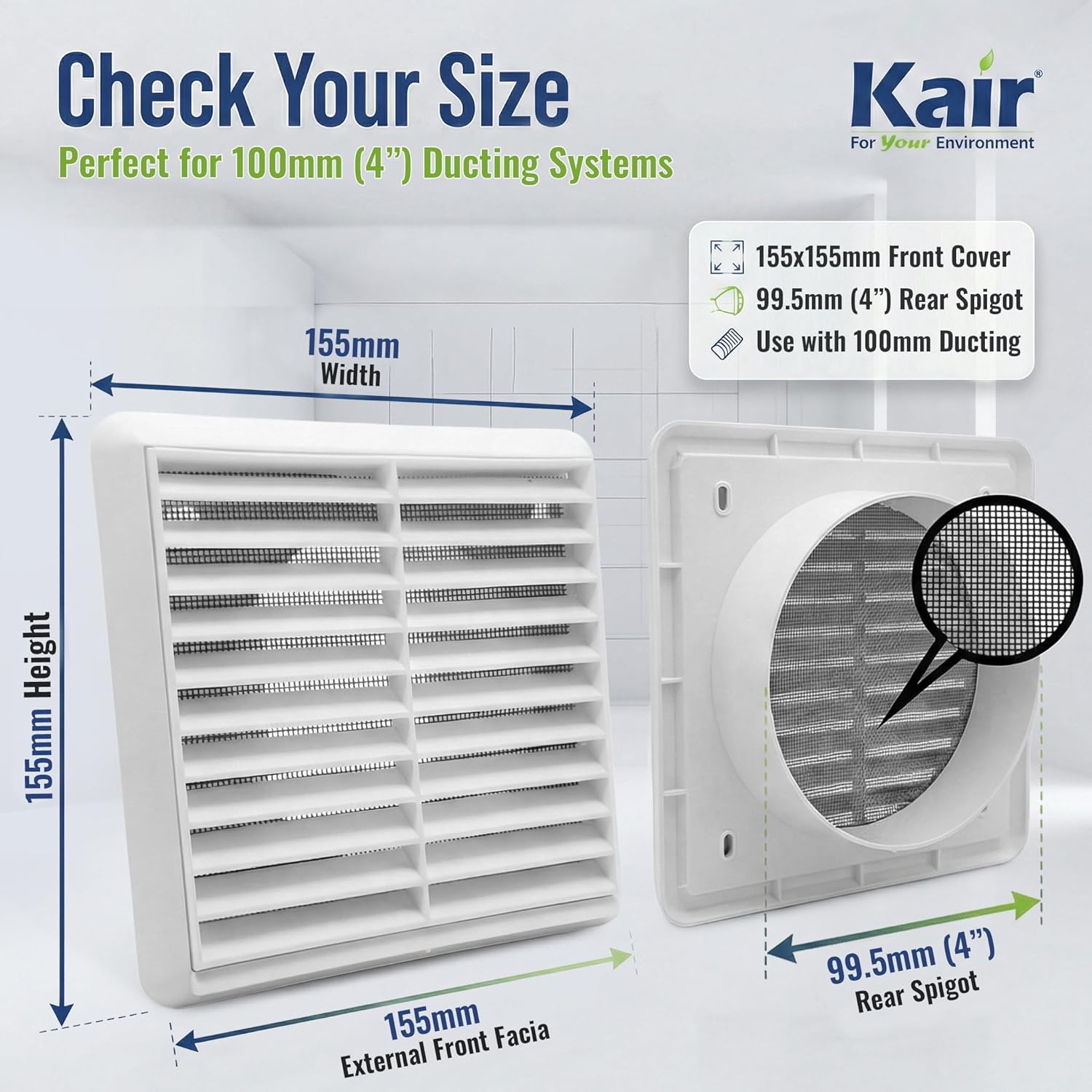 Kair Wall Vent Grille, Unique Louvred Vent with Flyscreen, Special 100mm Ventila...
