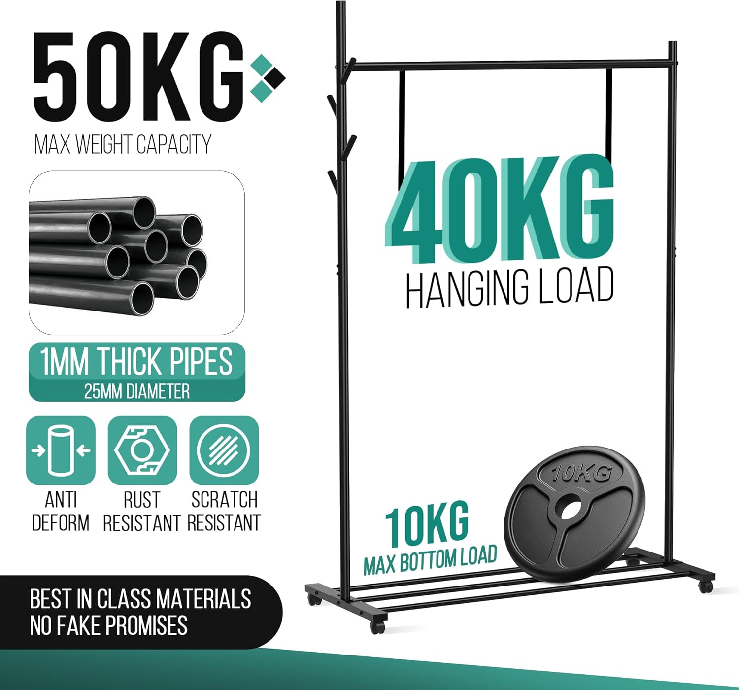 Portable Heavy Duty Clothes Rail For Bedroom, Home & Shops, 50KG Load Clothes Ra...