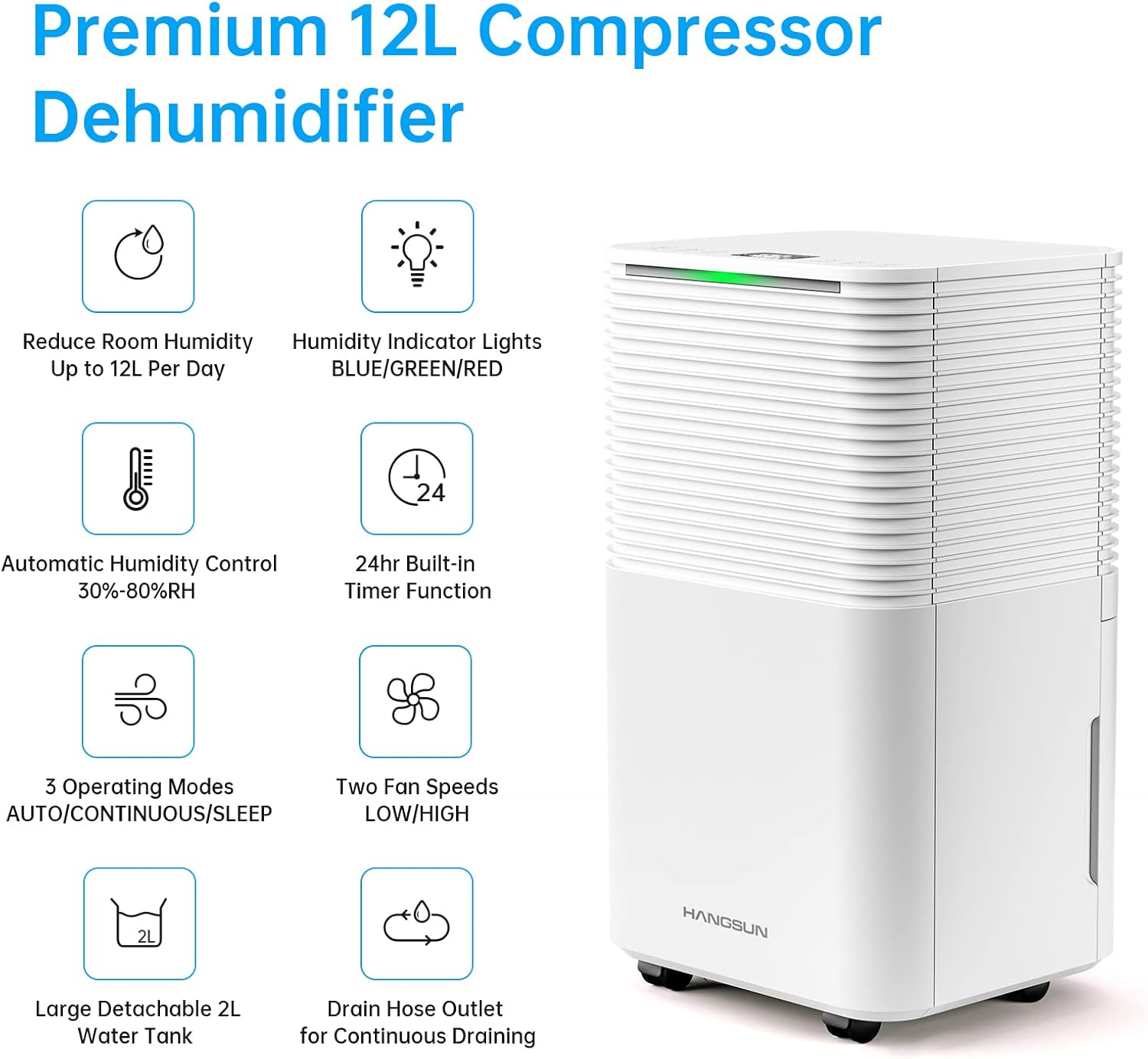 Hangsun 12L Dehumidifier with Digital Humidity Display, Sleep Mode, Laundry Dryi...