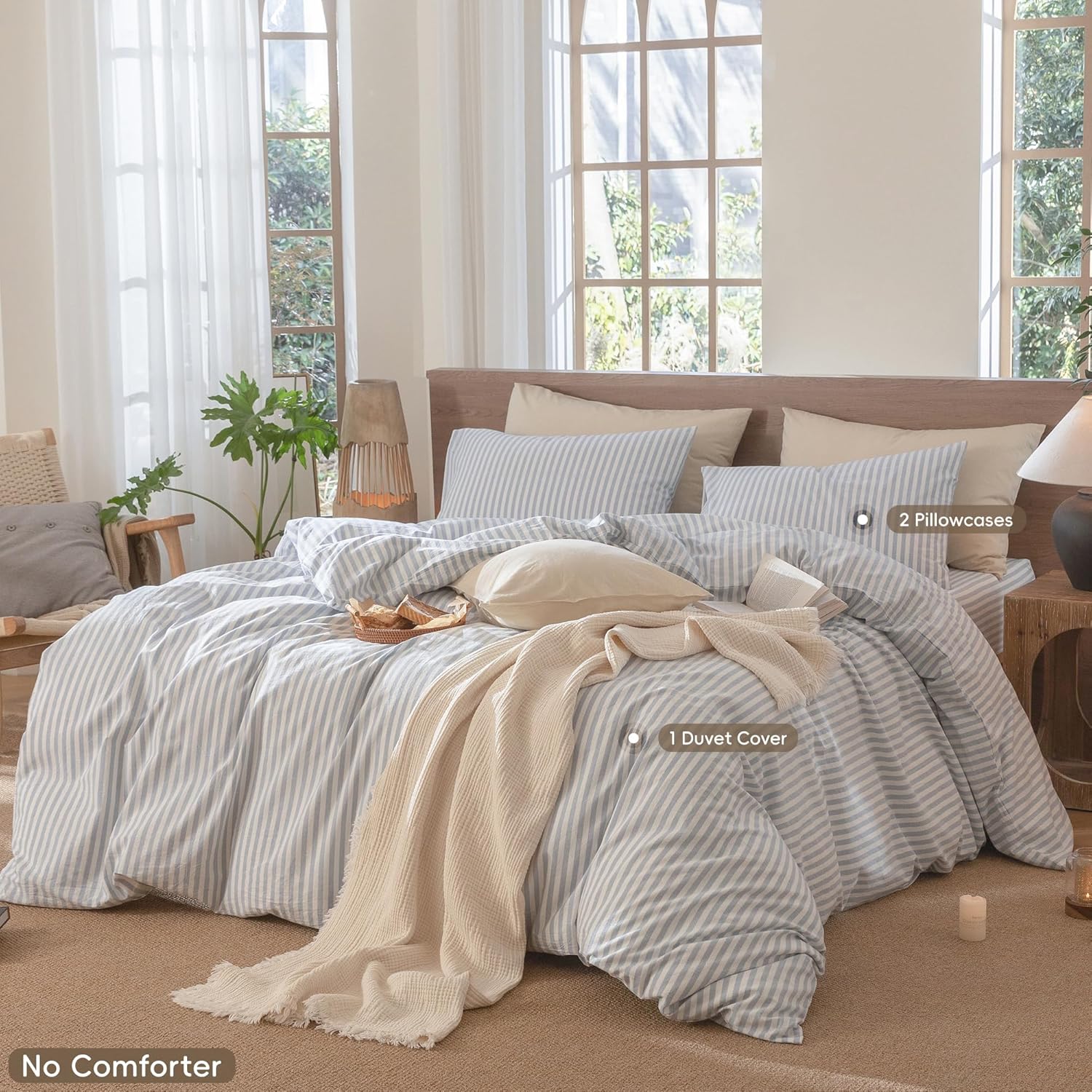 MooMee Striped Duvet Cover Set, Special Linen Like Textured Bedding, High-Qualit...