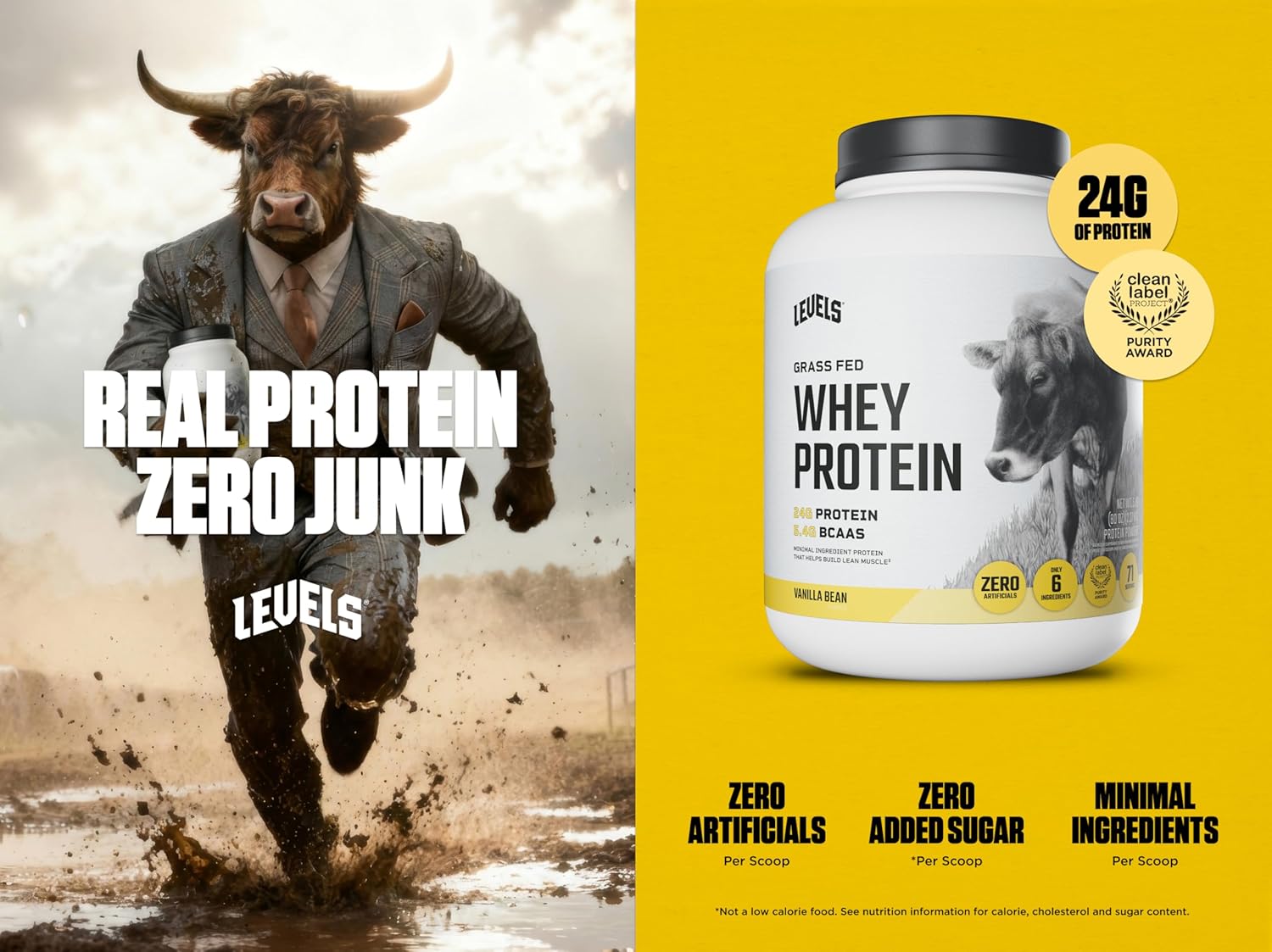 Levels Grass Fed Whey Protein Powder, No Artificials, 24G of Protein, Vanilla Be...