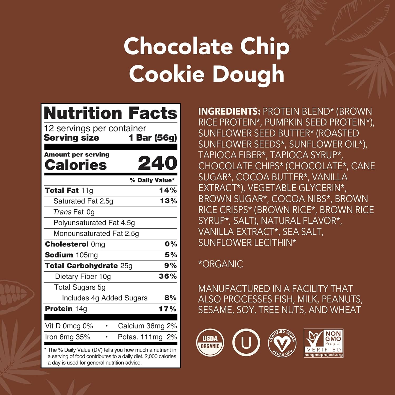 Aloha Organic Plant Based Protein Bars Chocolate Chip Cookie Dough, 1.98 Oz,(Pac...