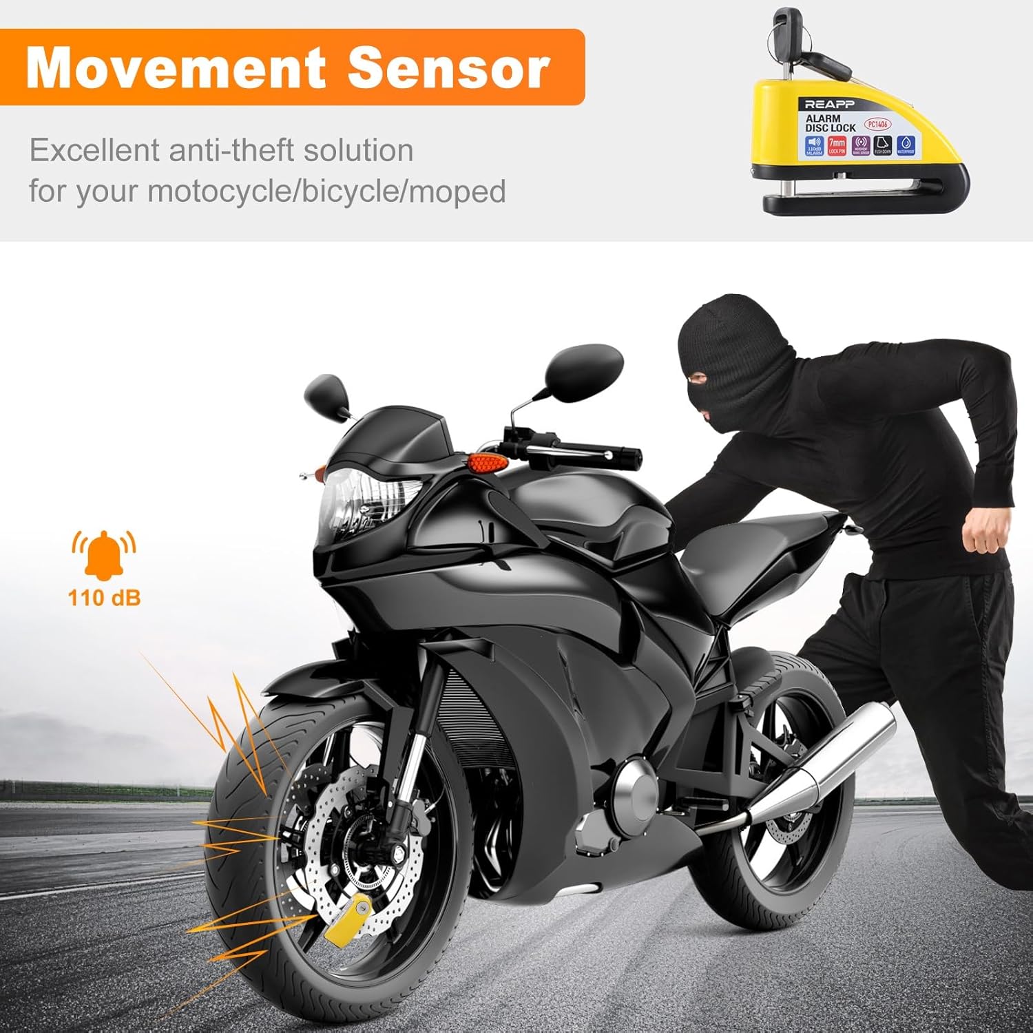 Alarm Disc Lock Motorbike Lock, Disc Brake Lock 110db with Reminder Cable and Ca...