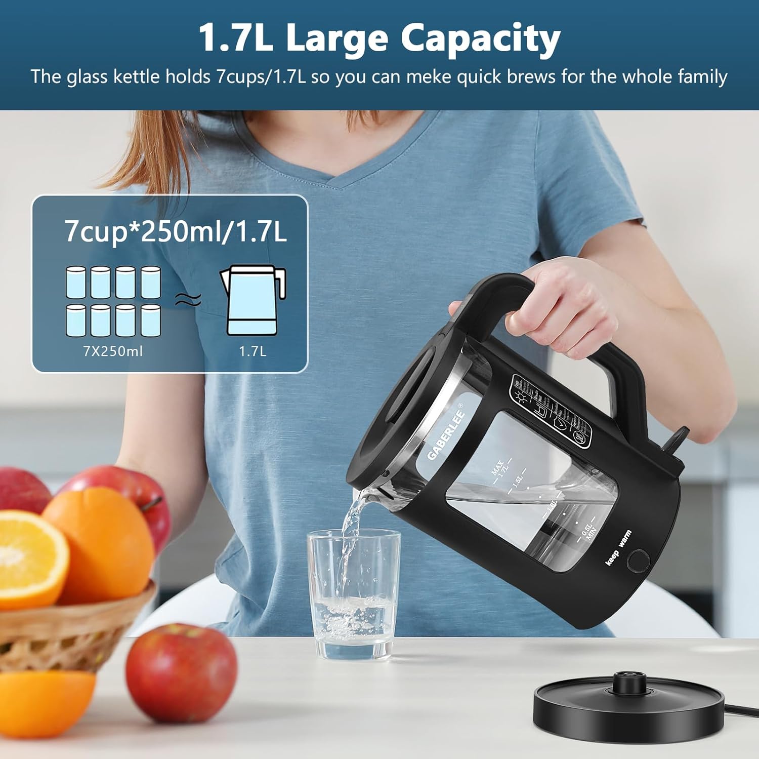 Fast Boil Electric Kettle, Efficient 1.7L Kitchen Appliance, Quiet Glass Tea Ket...