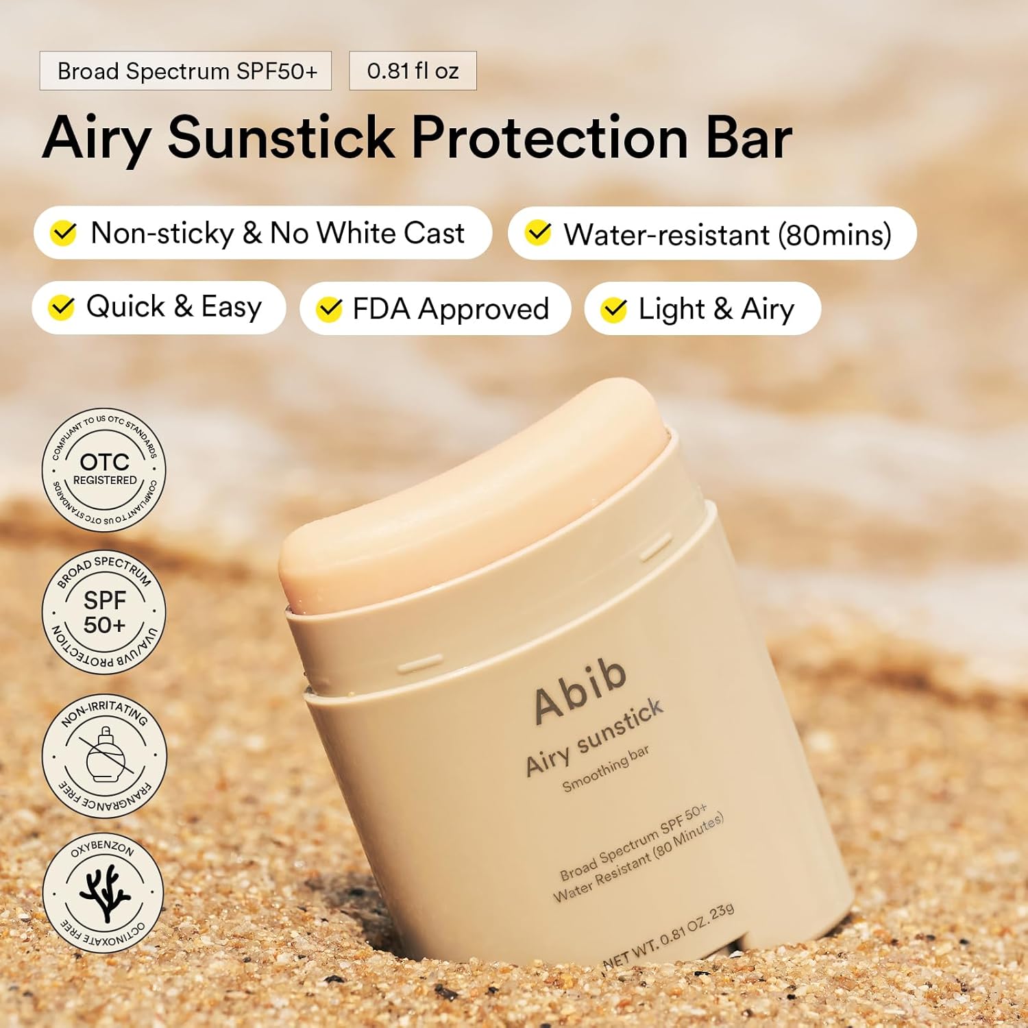 Abib Airy Sunstick Protection Bar SPF50+ Broad Spectrum, Semi-Matte Sunscreen St...