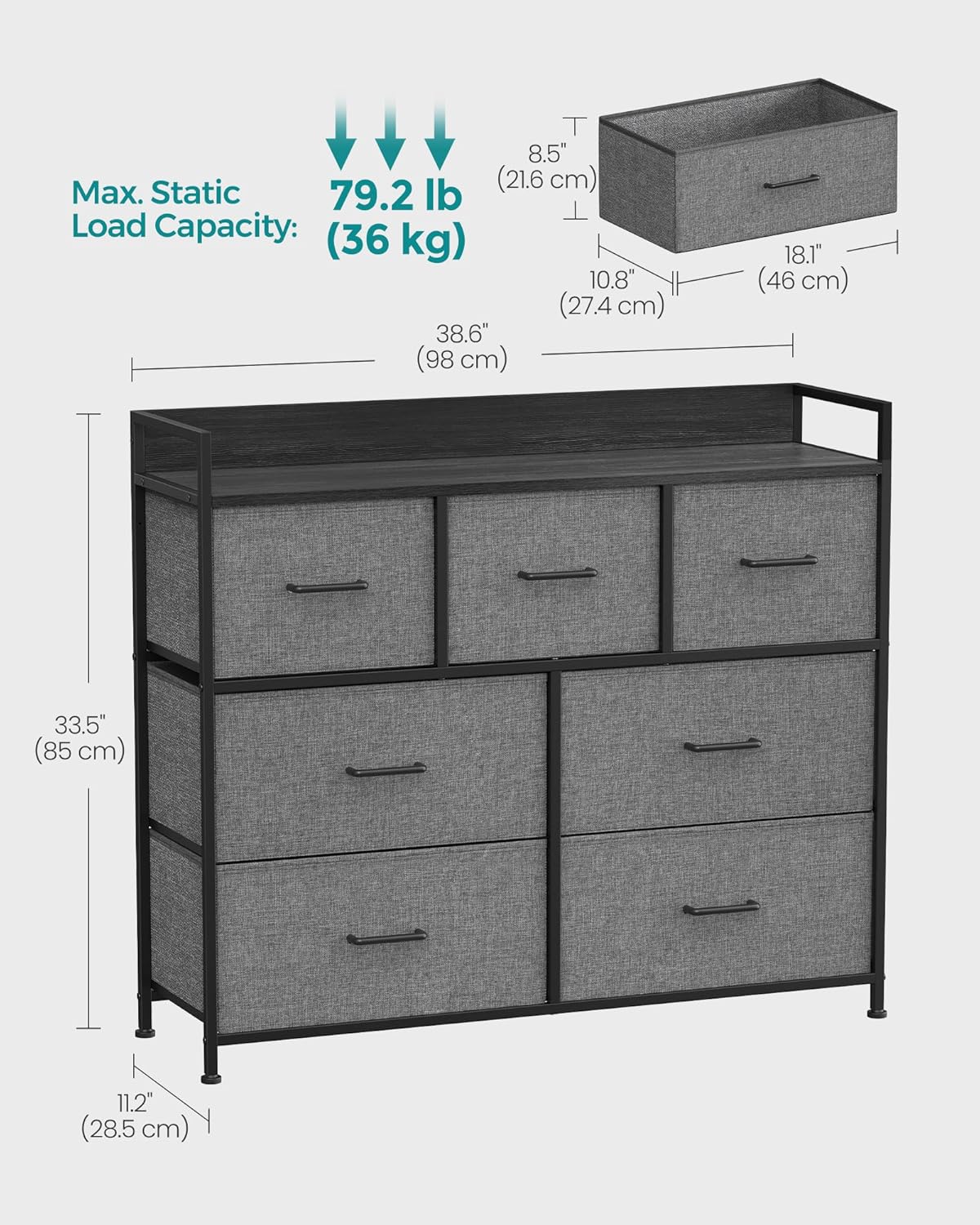 SONGMICS Chest of Drawers, Bedroom Cabinet, 7 Fabric Drawers with Handles, Metal...