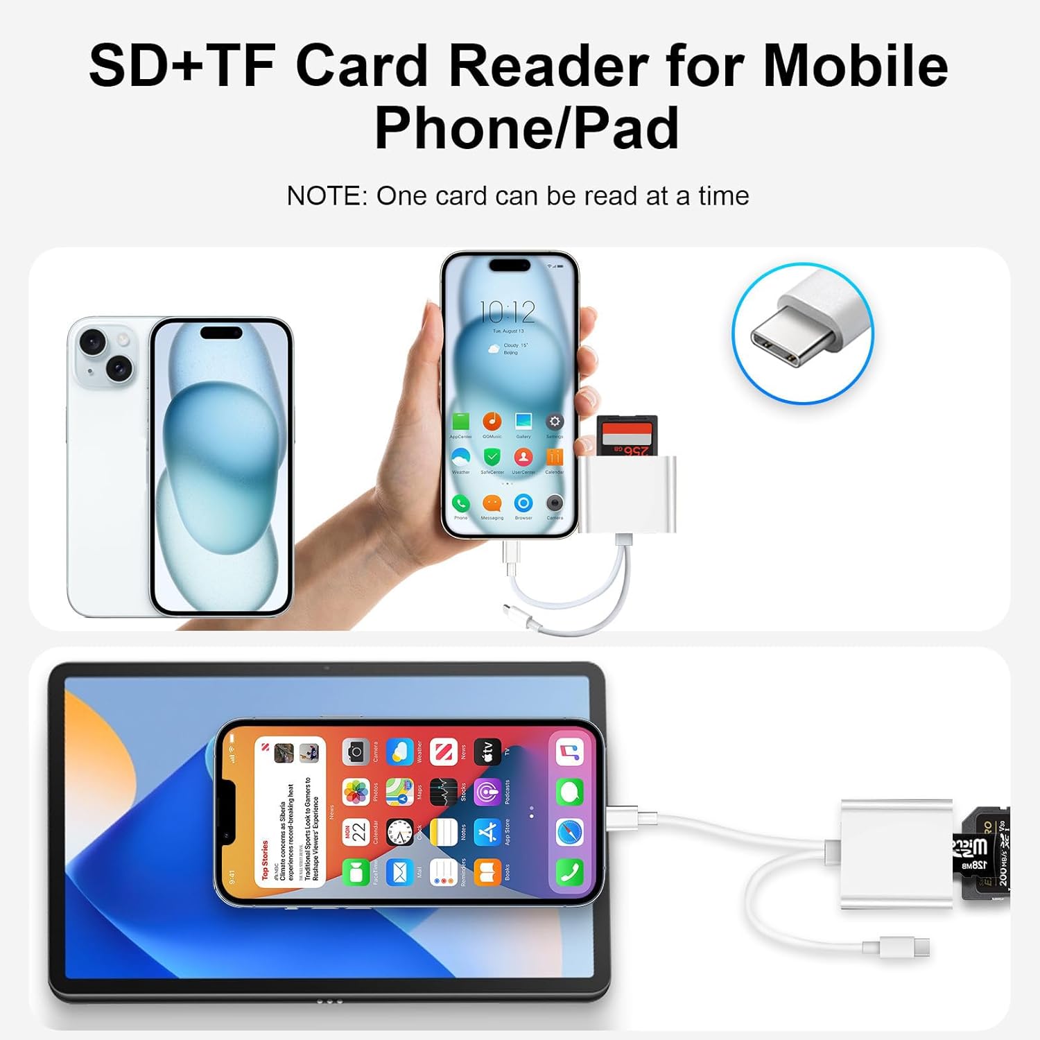 SD Card Reader for iPhone iPad, USB C SD Card Reader with Dual Slot for MicroSD/...