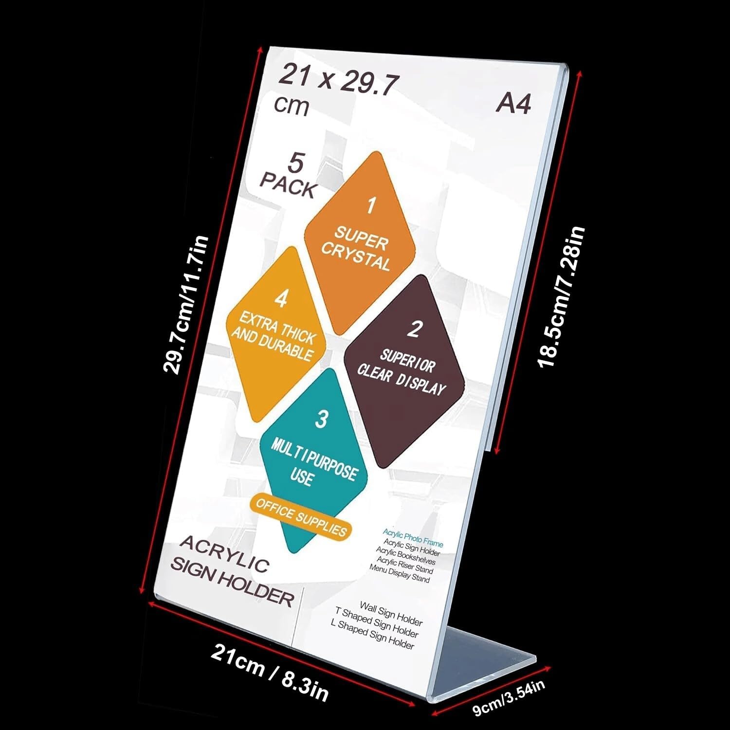 A4 Acrylic Sign Holder, 5pack L-Shape A4 Perspex Display Stand, Clear Poster Men...