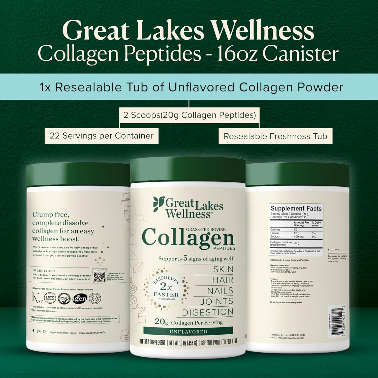 Great Lakes Wellness Collagen Peptides Powder – Supports Skin, Hair, Nails, Join...
