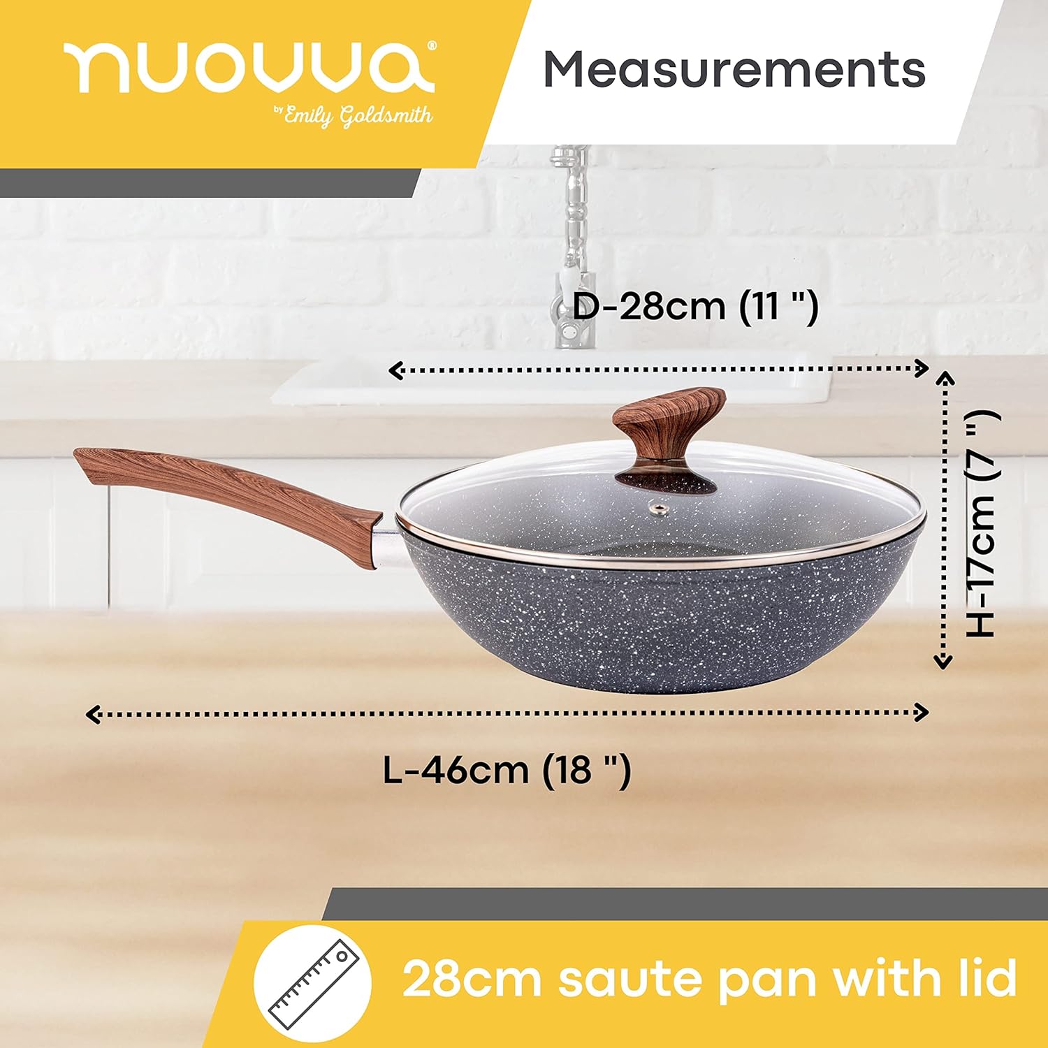 nuovva Induction Non Stick Wok Pan – Deep Stir Fry Pan with Lid – 28cm Frying Pa...
