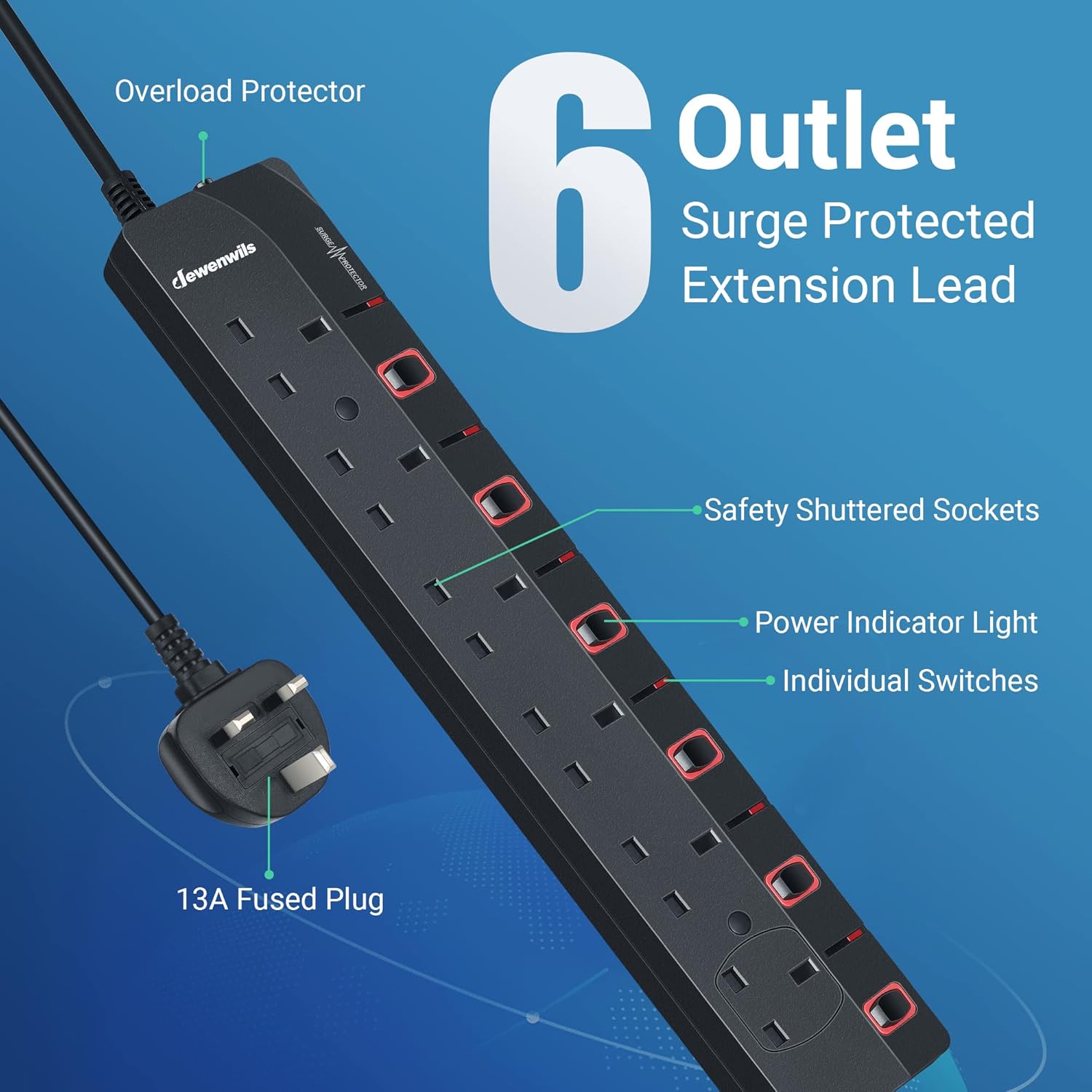 DEWENWILS 6 Way Surge Protected Extension Lead with Individual Switches and Indi...