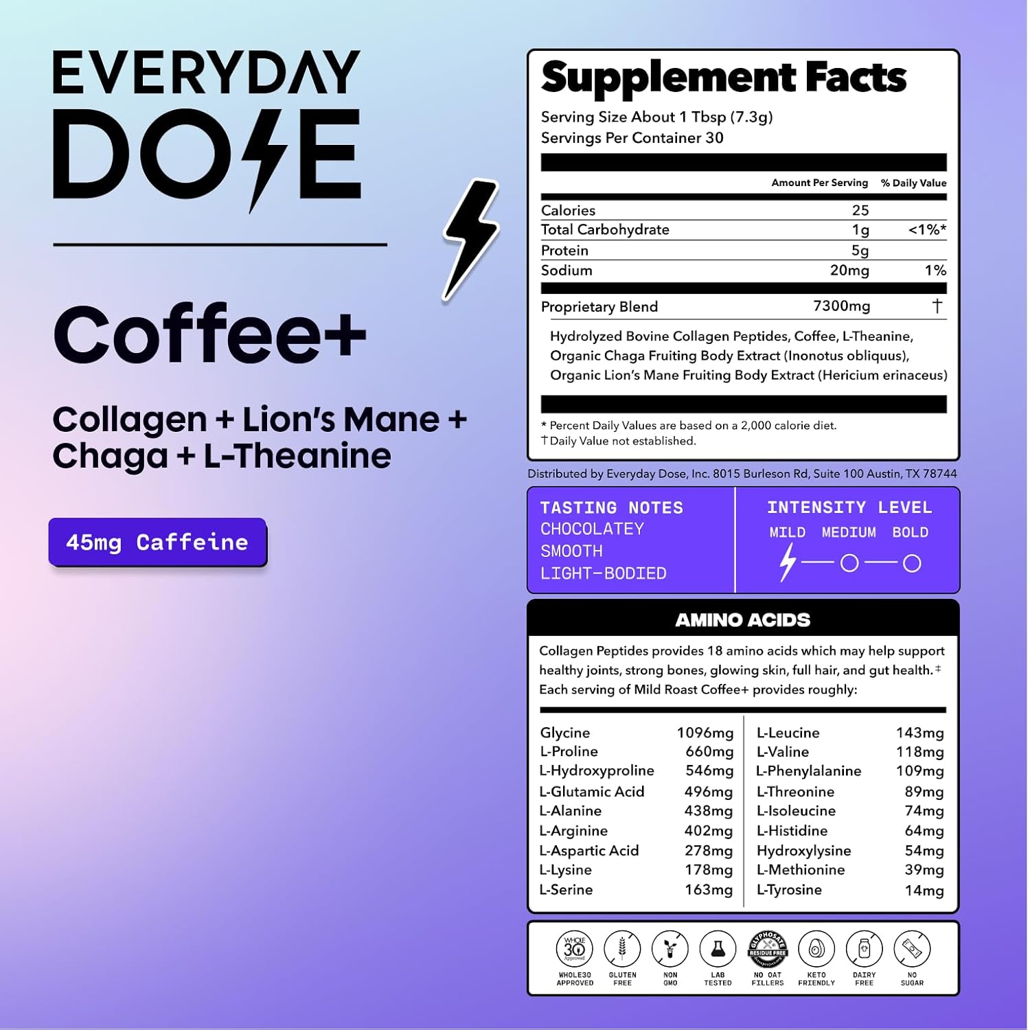 Everyday Dose Premium Adaptogenic Mushroom Coffee with Grass-Fed Collagen, Chaga...