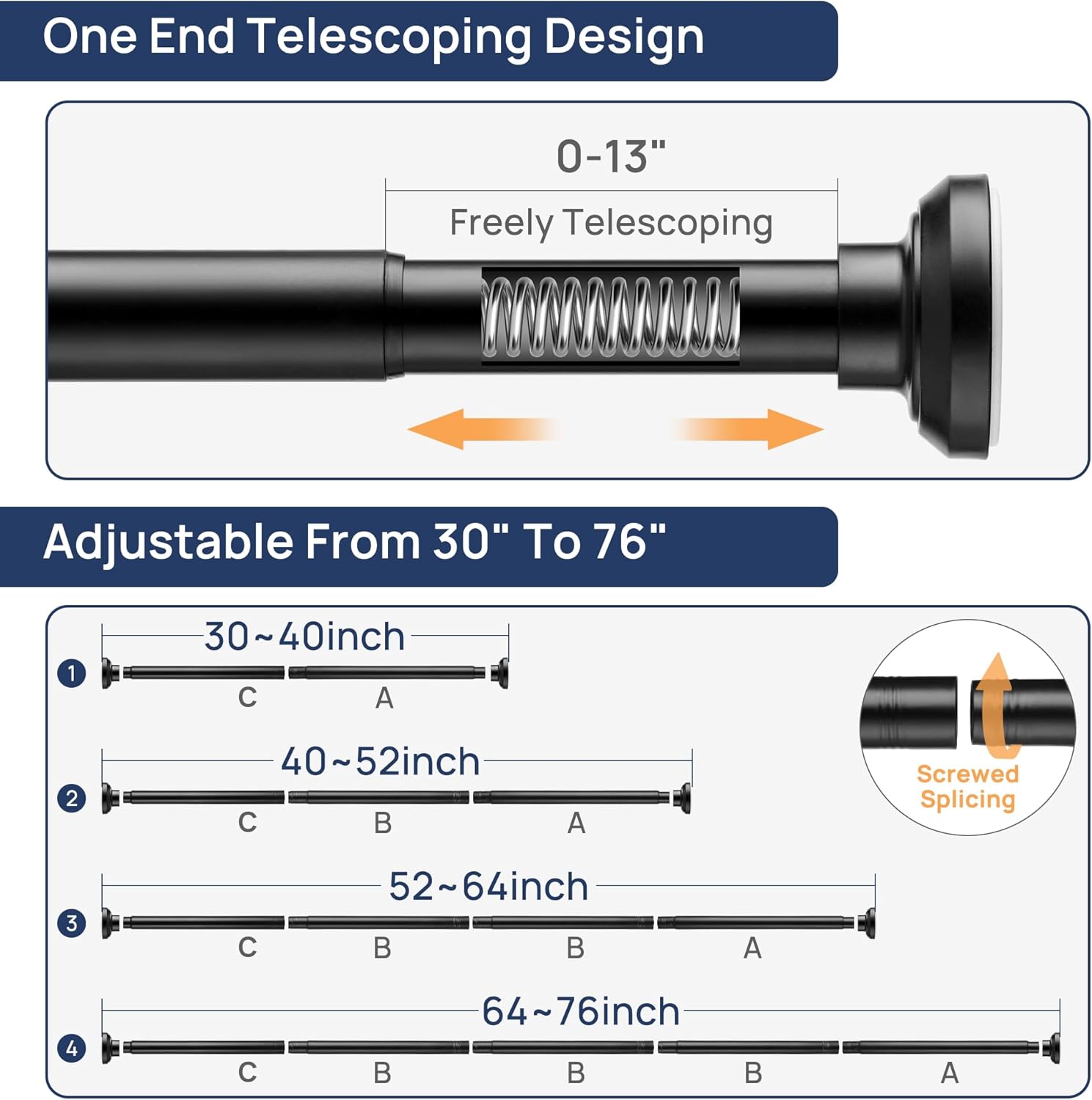 Matte Black Shower Curtain Pole 84 to 183 cm, 1 Inch Extendable Tension Rods for...