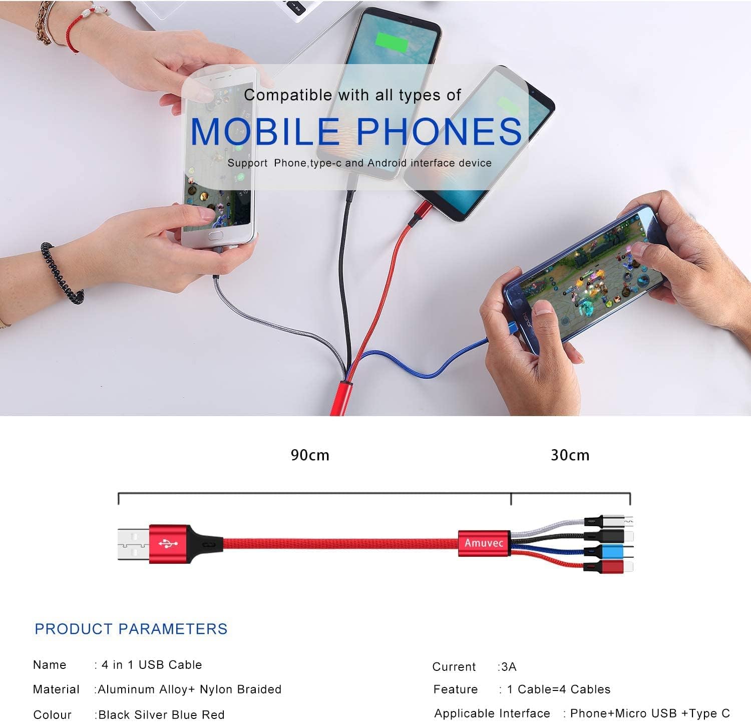 Amuvec Multi Charger Cable, 4 in 1 3A USB Fast Cha...