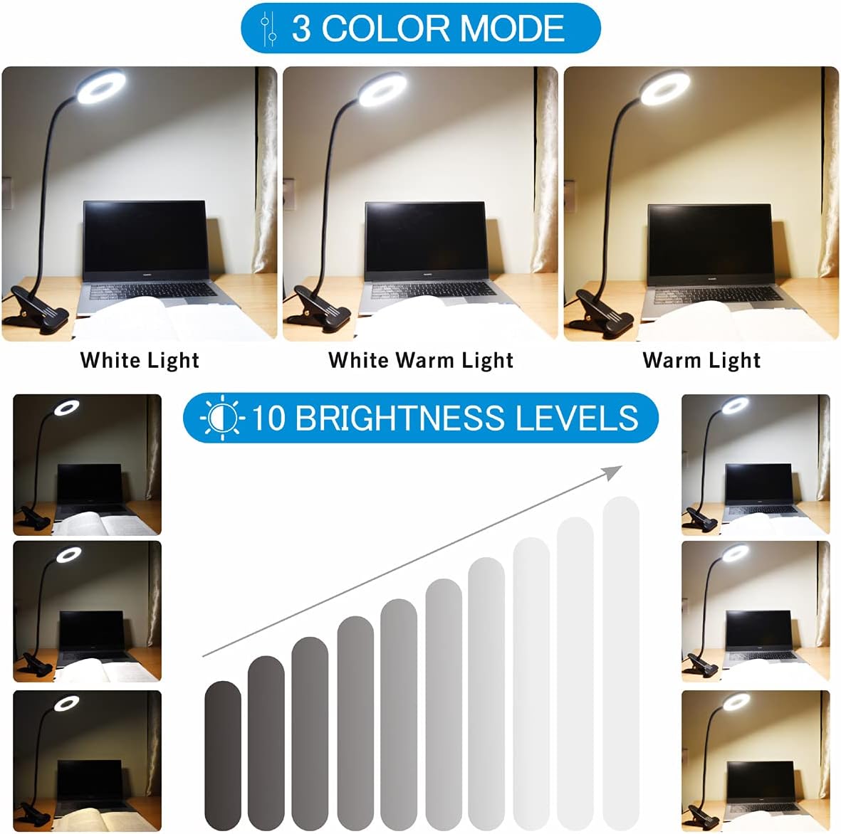USB LED Desk Lamp Clip On Light, 3 Light Mode 10 Dimmable Brightness Eye Caring...