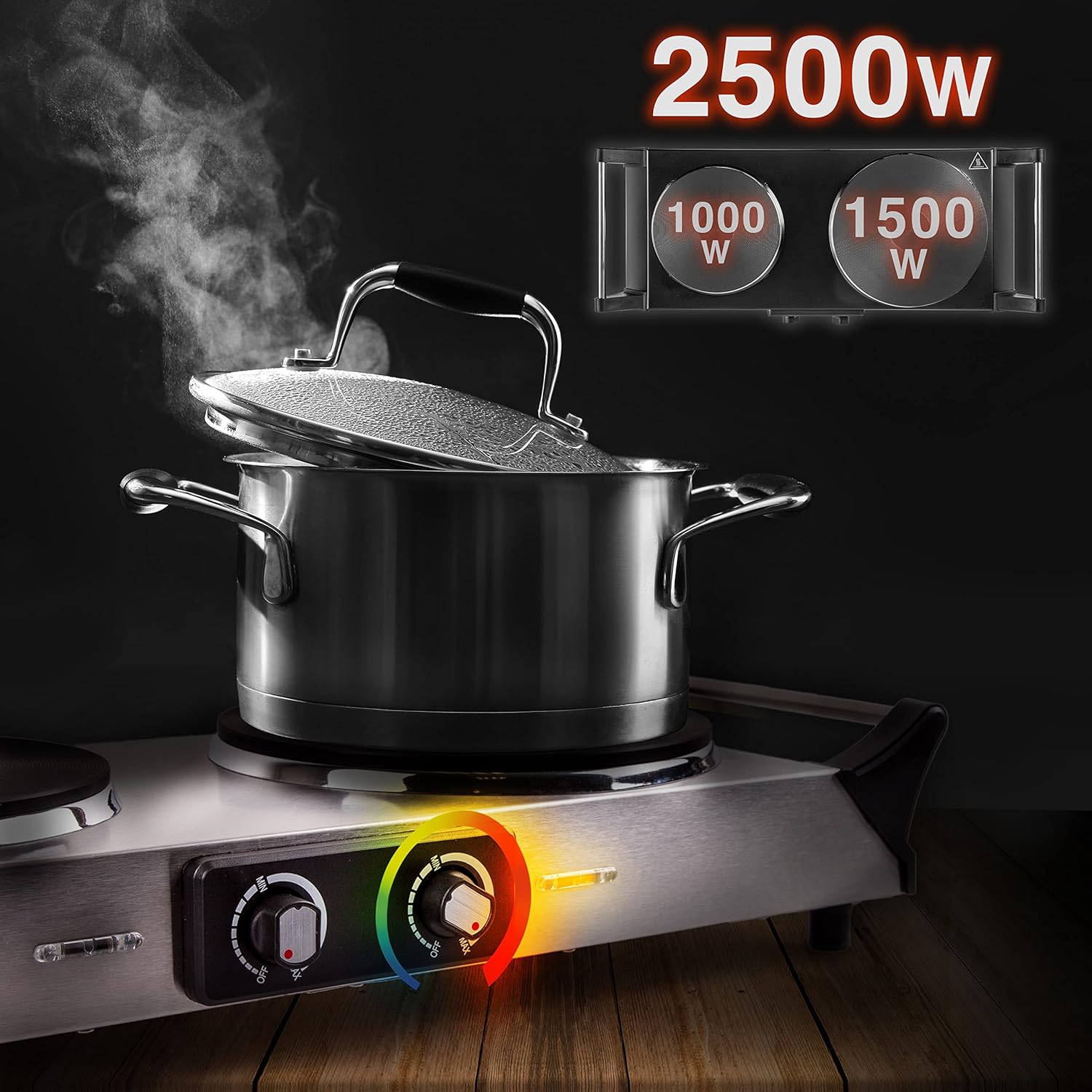 Duronic Hot Plate HP2 SS, Stainless Steel Table Top Cooking, 2500W Black Steel E...