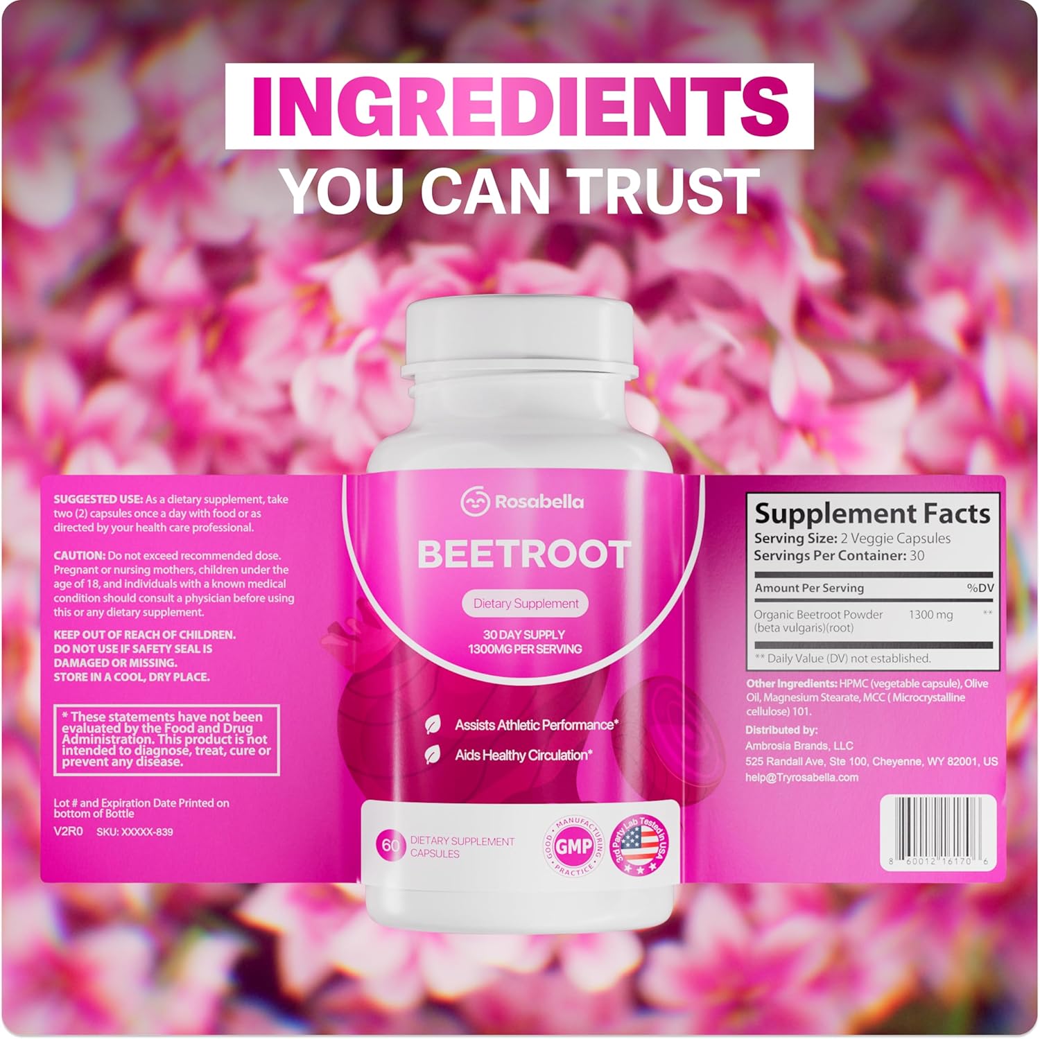 Rosabella Organic Beet Root Capsules - 1300mg Beet Root Powder Aids Healthy Circ...
