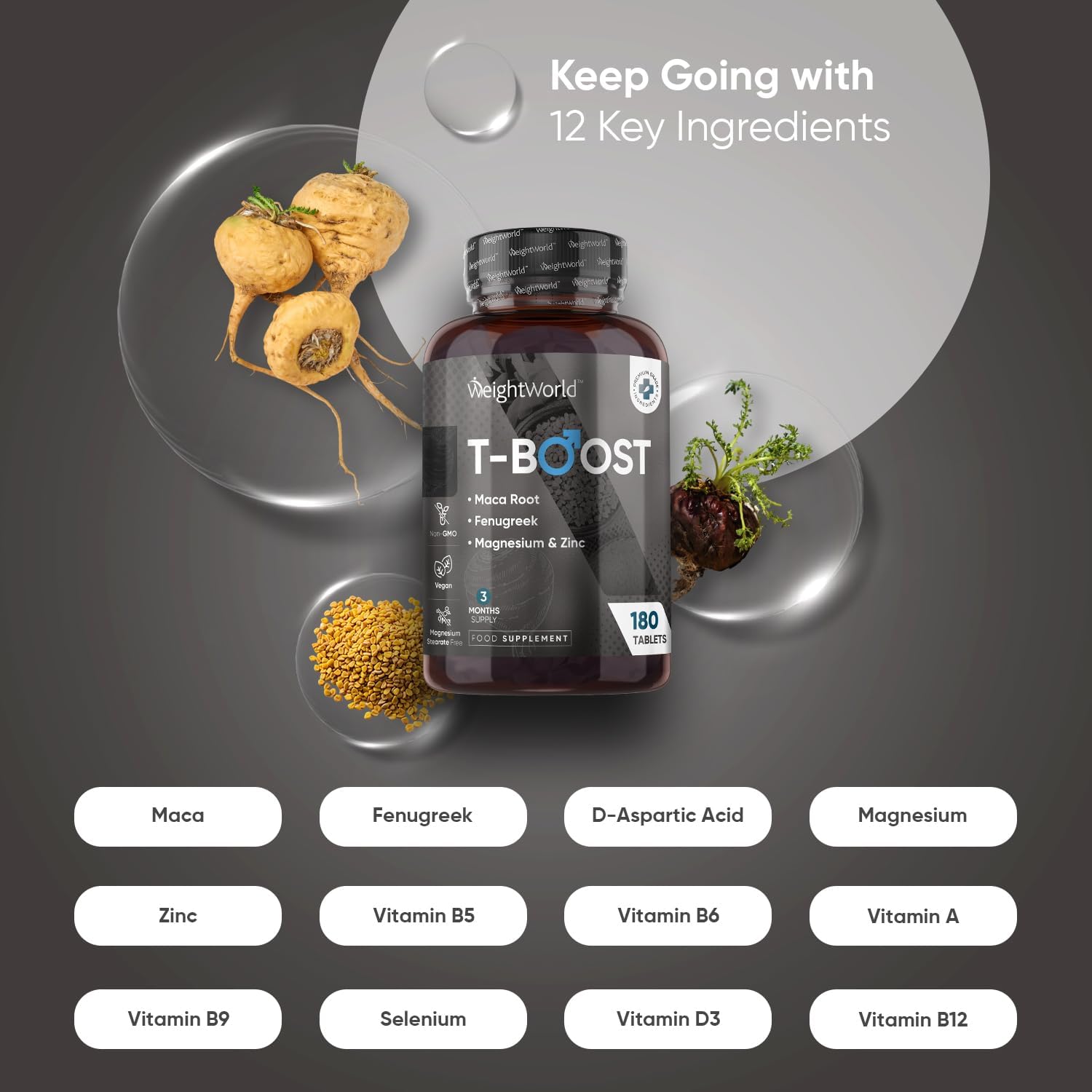 Testosterone Supplements for Men - 180 Vegan Tablets (3 Months Supply) - 12 Well...