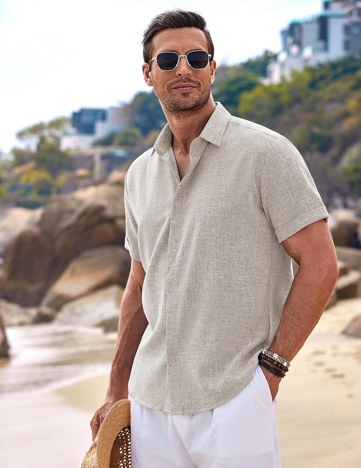 COOFANDY Men's Linen Shirts Short Sleeve Casual Shirts Button Down Shirt for Men...