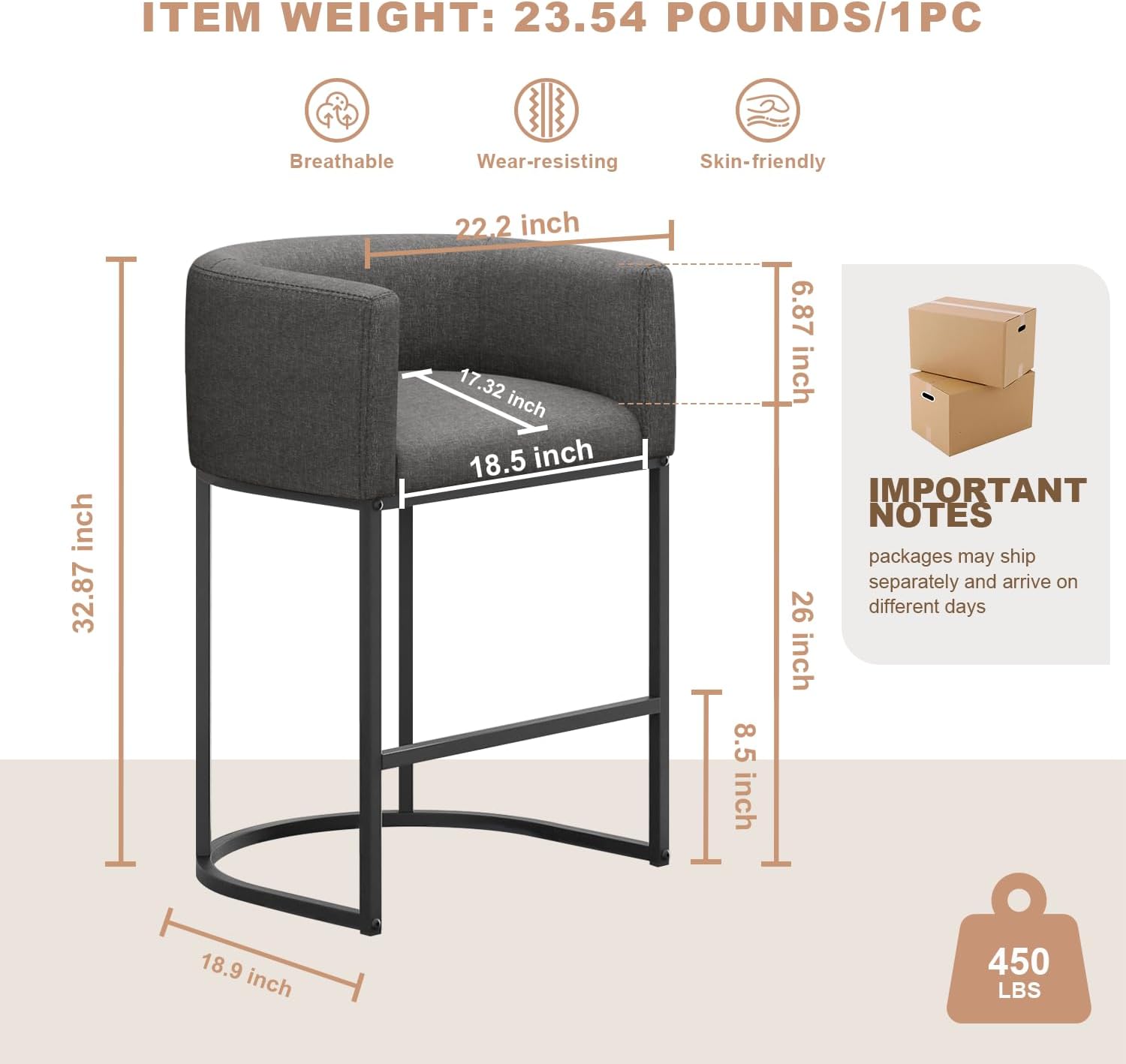 Special Carbon Black Bar Stools Set, Modern 26" Counter Height Bar Stools with B...