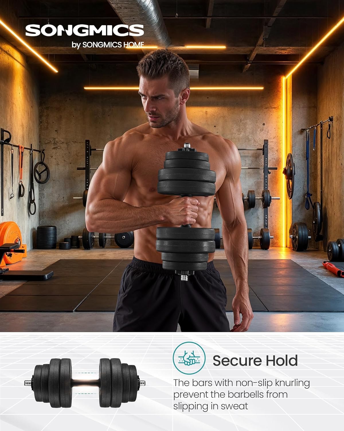 SONGMICS 2-in-1 Dumbbells Set, Adjustable Dumbbells with Extra Barbell Bar, Plas...