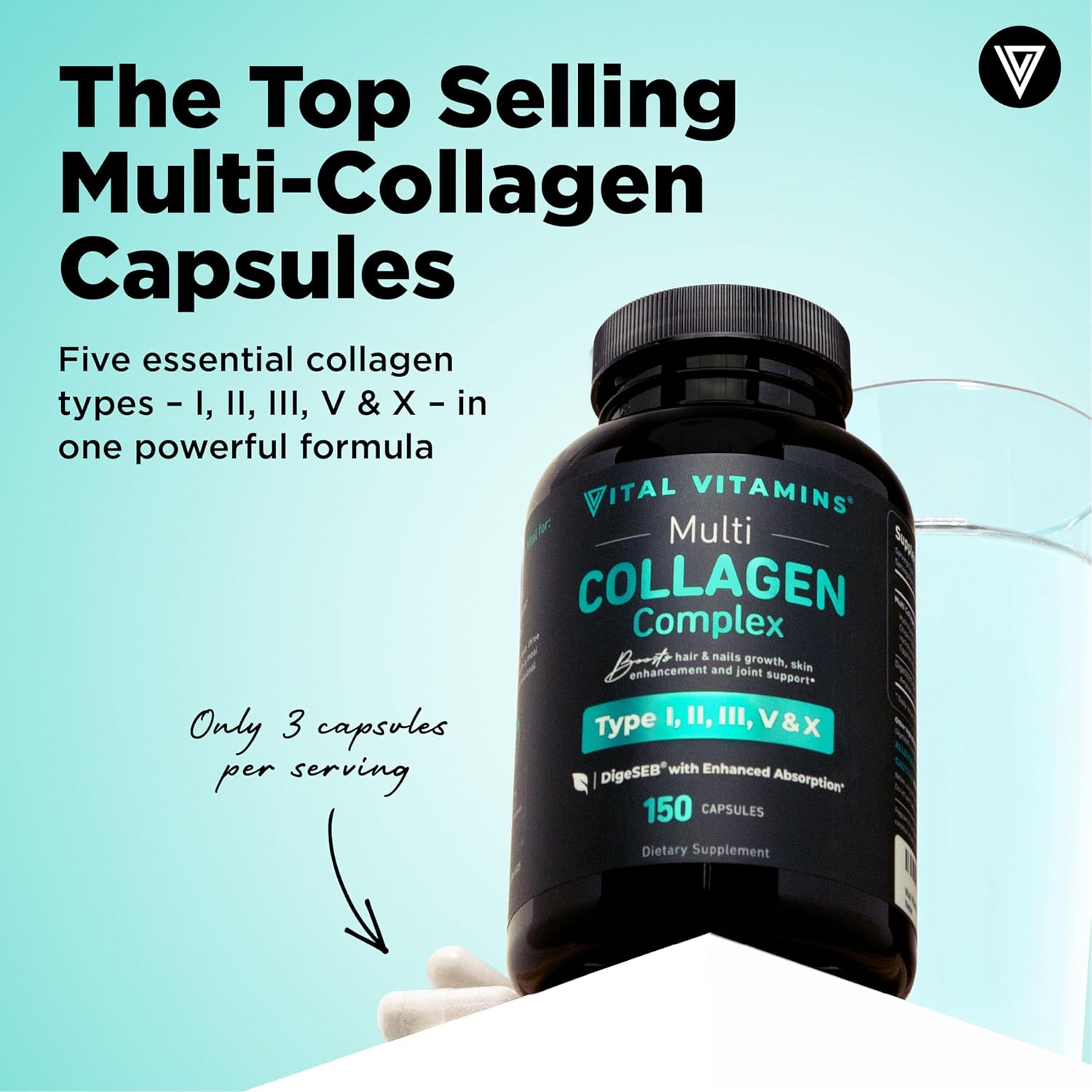 Vital Vitamins Multi Collagen Capsules - Type I, II, III, V, X - Grass-Fed, Coll...