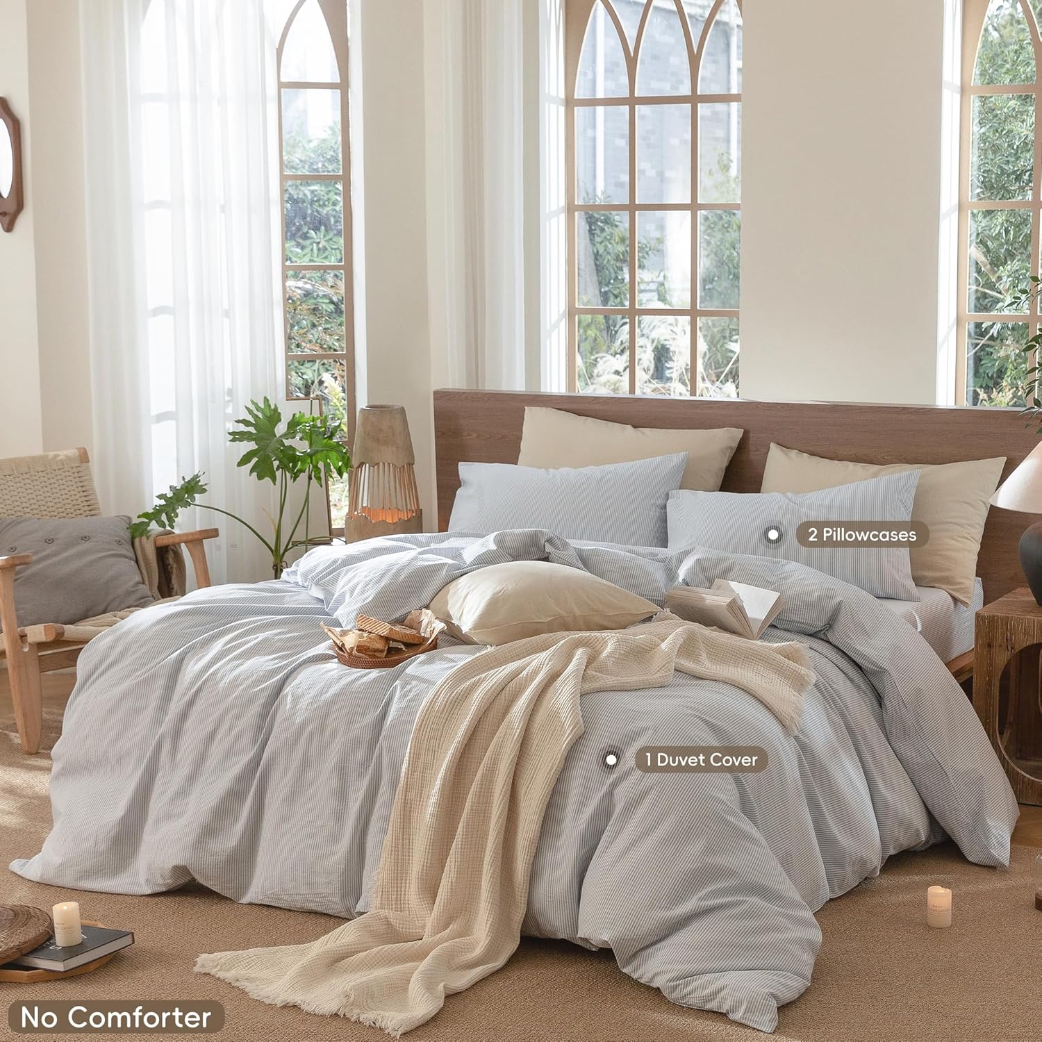 High-Quality MooMee Striped Duvet Cover Set, Special 100% Washed Cotton Linen Li...