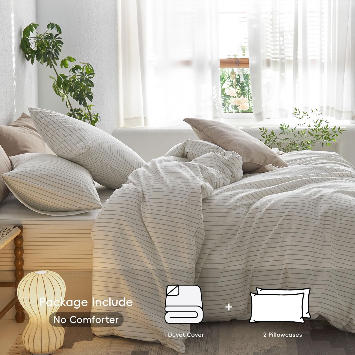 Premium MooMee Striped Duvet Cover Set, Special 100% Washed Cotton Linen Like Te...