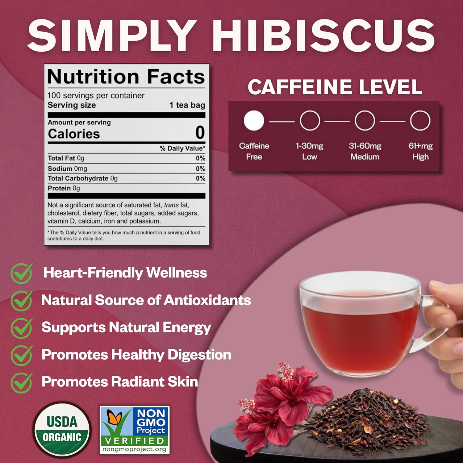 FGO Organic Hibiscus Tea, 100 Count, Eco-Conscious Tea Bags, Caffeine Free, Pack...