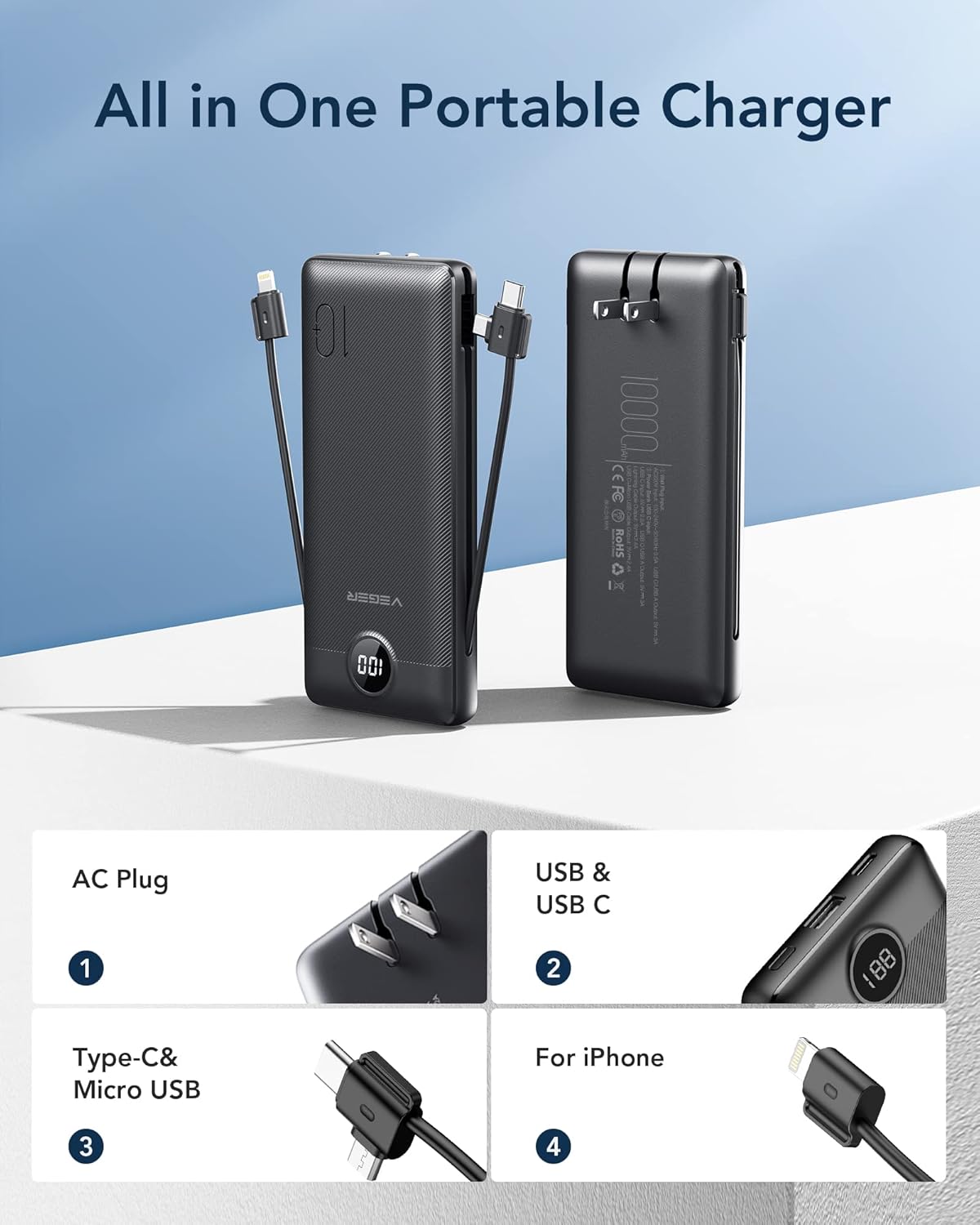 VEGER Portable Charger with Built-in AC Plug and Cables, All in One 10000mAh Ult...