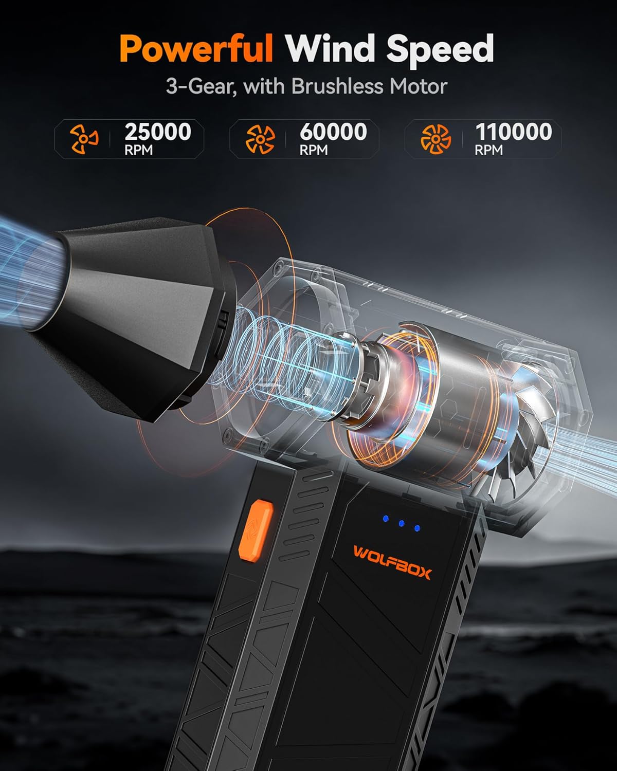 WOLFBOX MegaFlow 50 Compressed Air Duster-110000RPM Super Power Cordless Air Dus...