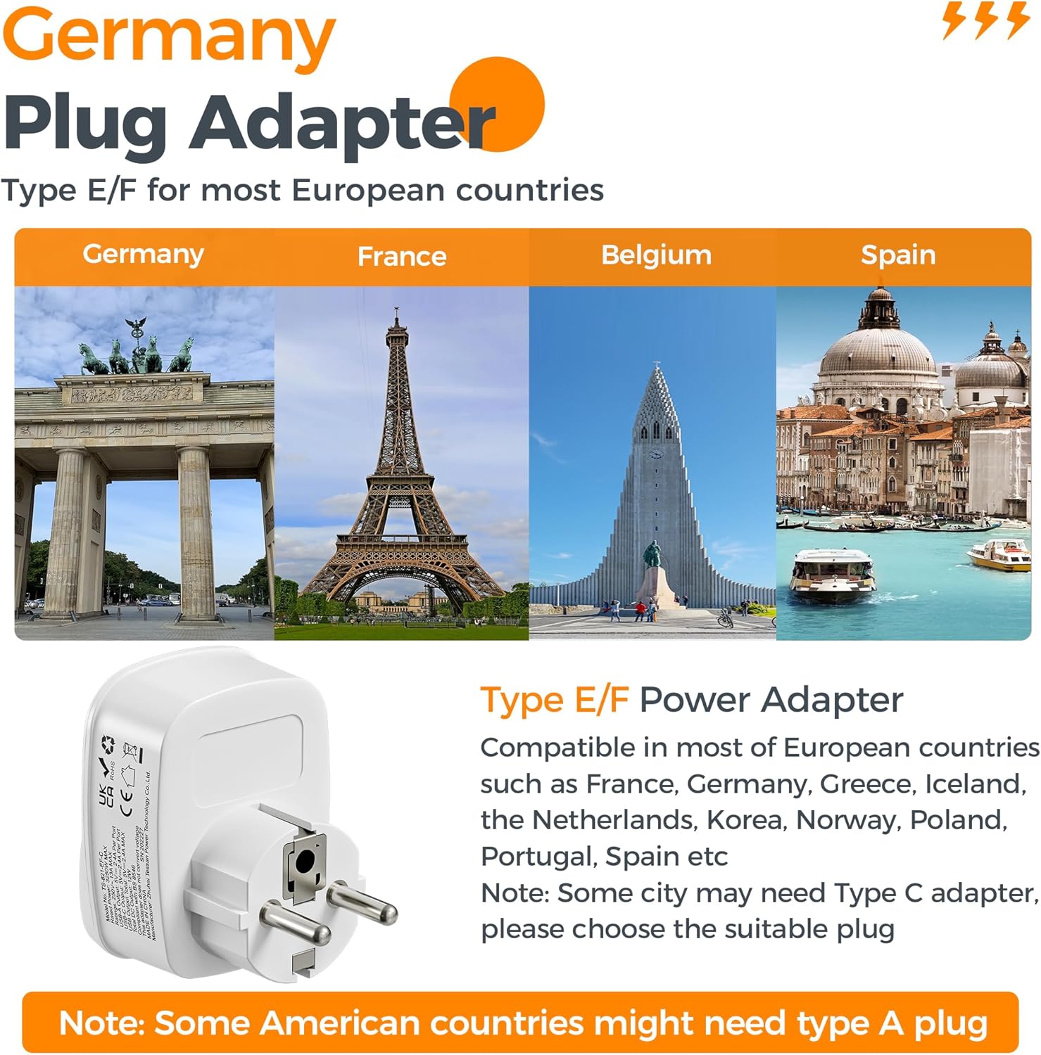 UK to European Plug Adapter, Smart Schuko Grounded EU Plug Adapter with Dual USB...