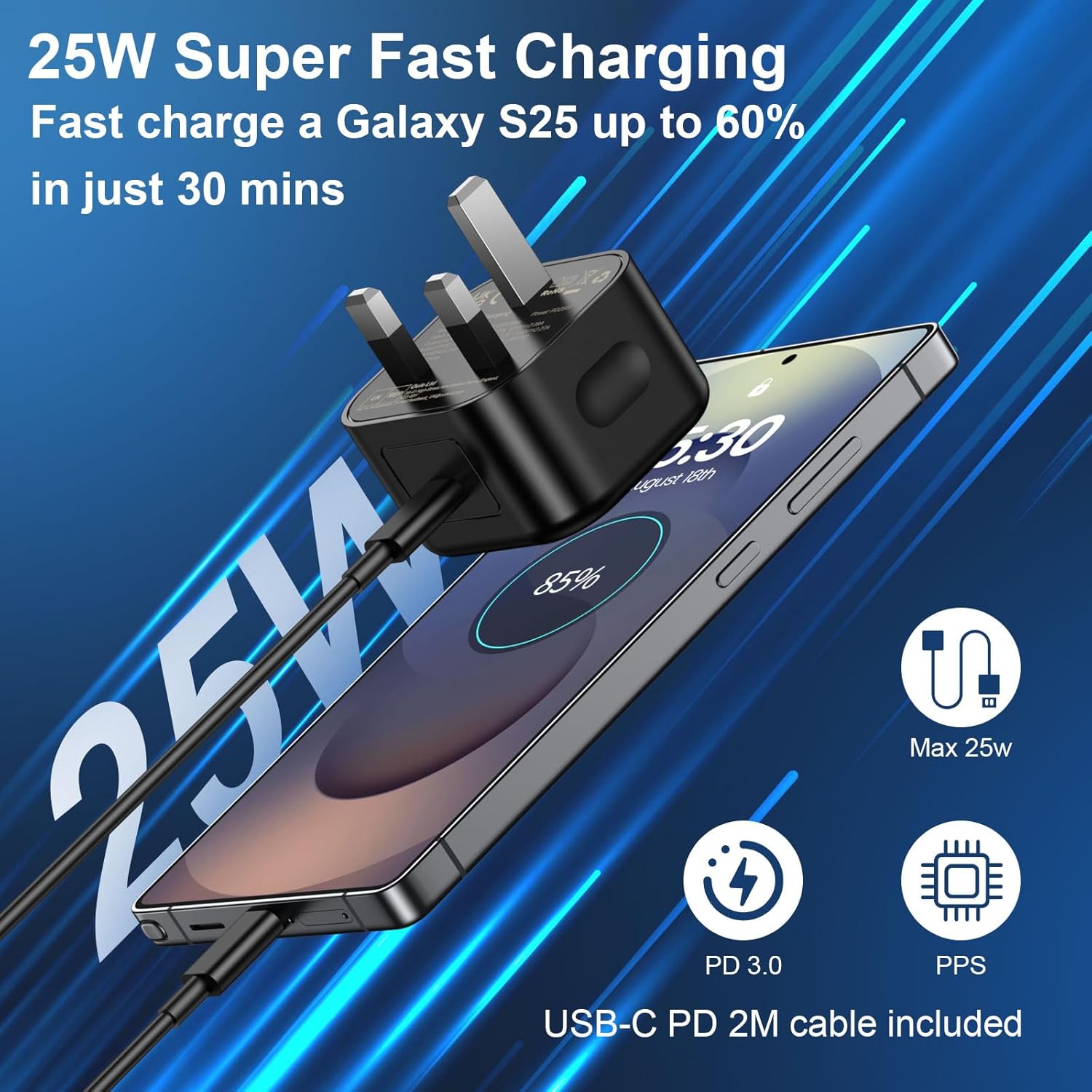 25W USB C Charger for Samsung 2 Pack Super Fast Charging with 2M USB C Cable Com...
