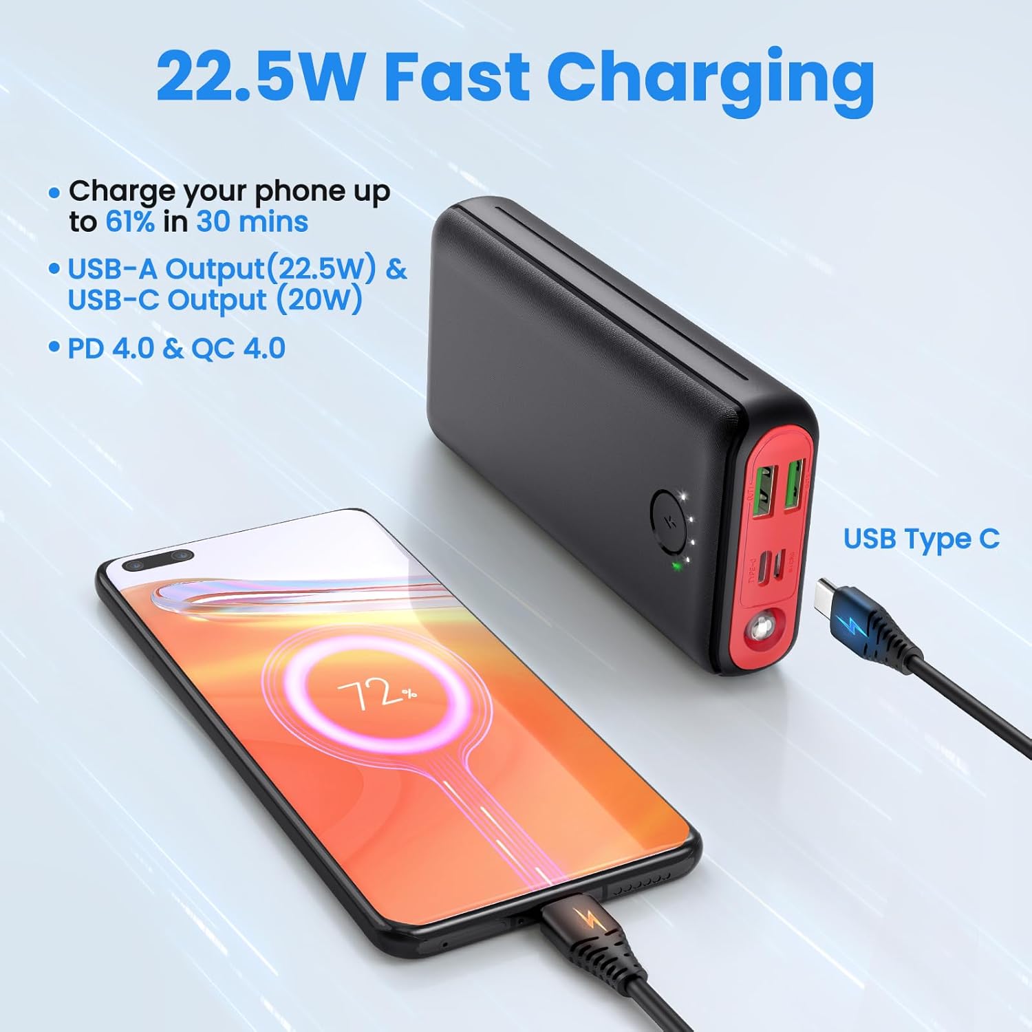Power Bank 27000mAh Powerbank Fast Charging 22.5W QC 4.0 Portable Charger with O...