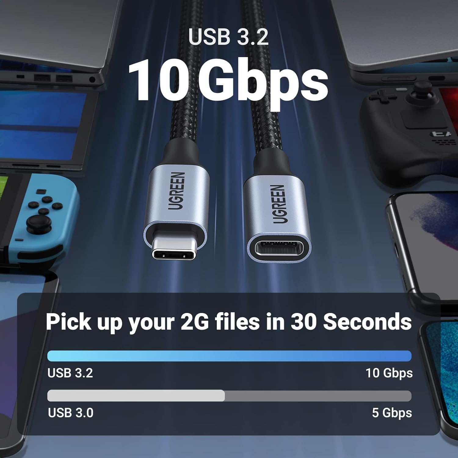 UGREEN 100W USB C Extension Cable 10Gbps 4K 60Hz USB 3.2 Male to Female Fast Cha...