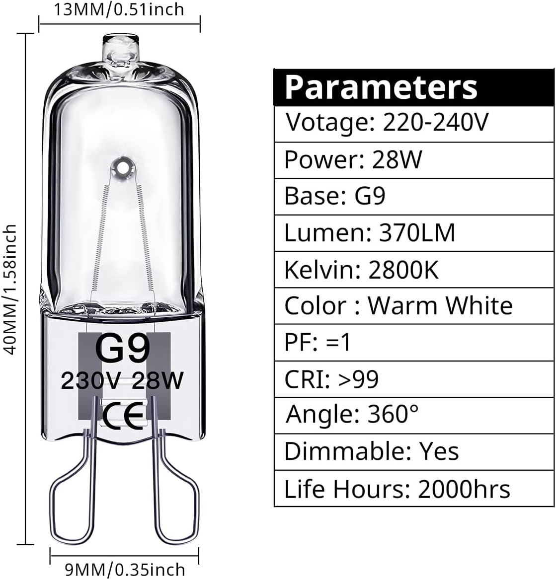 G9 Halogen Light Bulbs 28W, G9 Dimmable Capsule Bulbs, Warm White 2800K, Non-Fli...