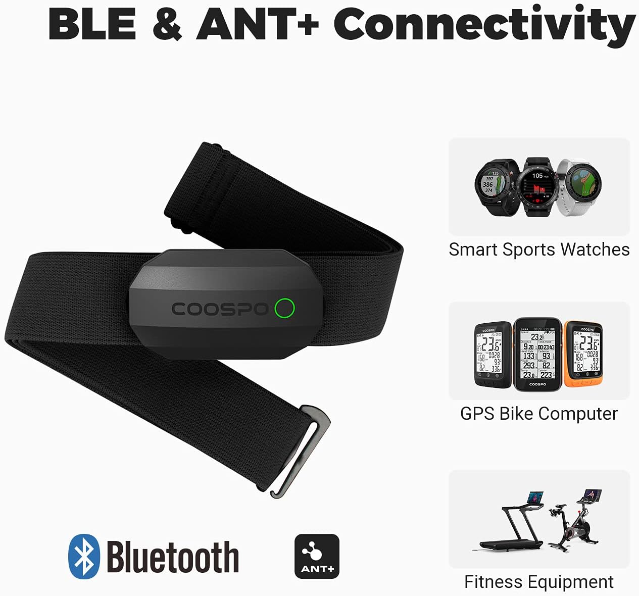 COOSPO Heart Rate Monitor Chest Strap,Bluetooth ANT+ Chest HRM for Running Cycli...