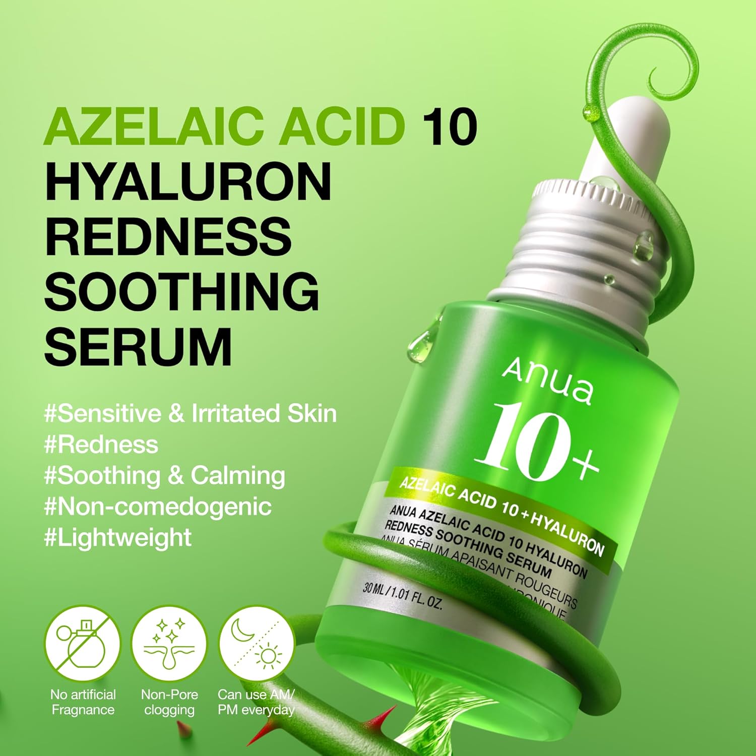 Anua Azelaic Acid 10 Hyaluron Redness Soothing Serum, Facial Serum for Blemish-P...