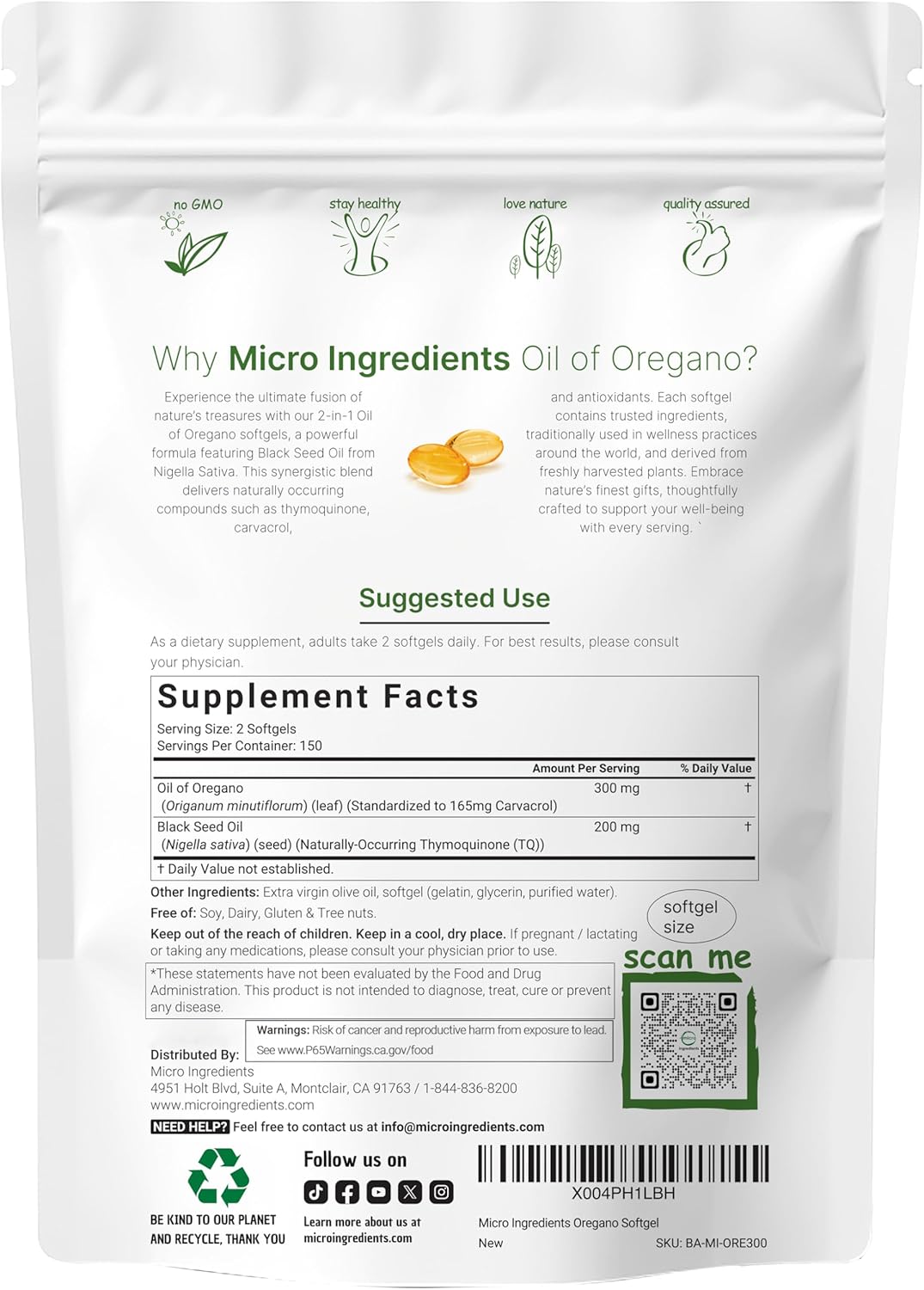 Micro Ingredients Oil of Oregano Softgels, 300 Count | 2 in 1 Formulated with Bl...