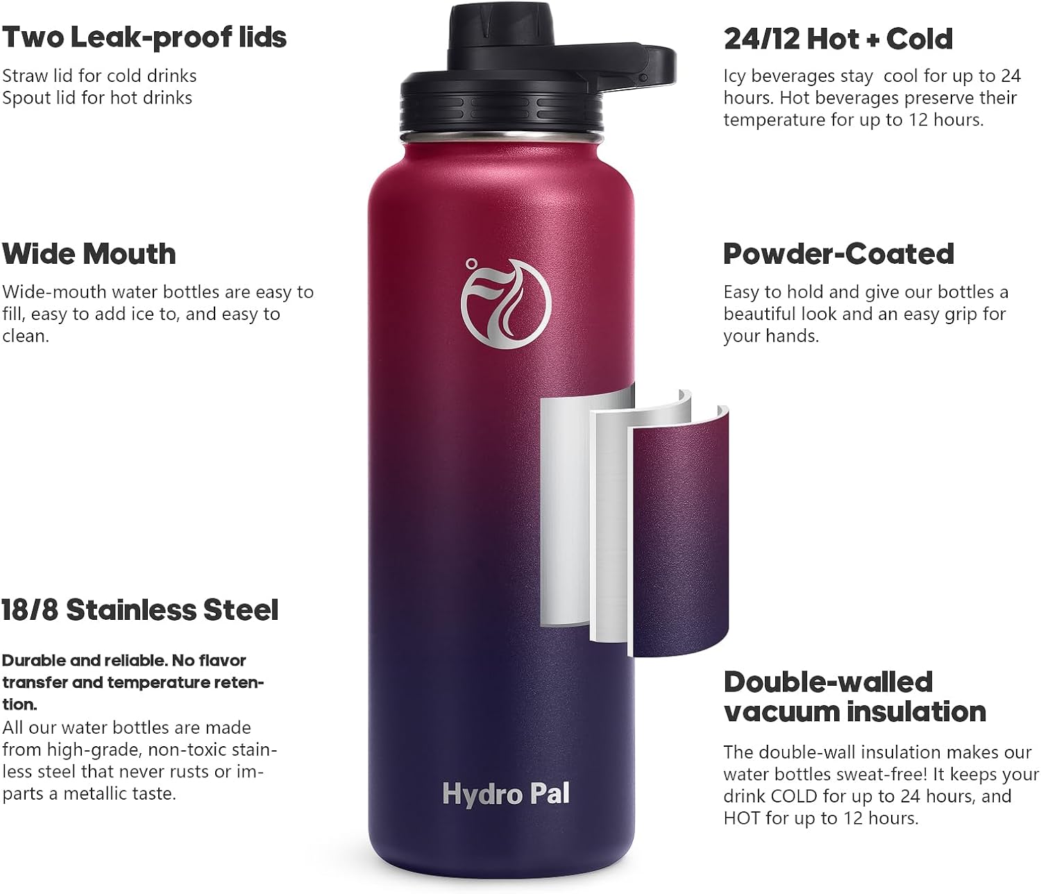 HydroPal Vacuum Insulated Stainless Steel Water Bottle, 1.9L/1.2L/1L/750ml/500ml...