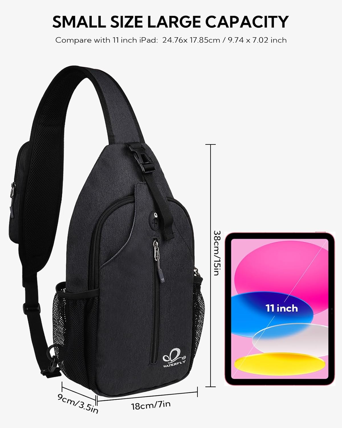 WATERFLY Crossbody Sling Backpack Sling Bag Travel Hiking Chest Bag Daypack (Bla...