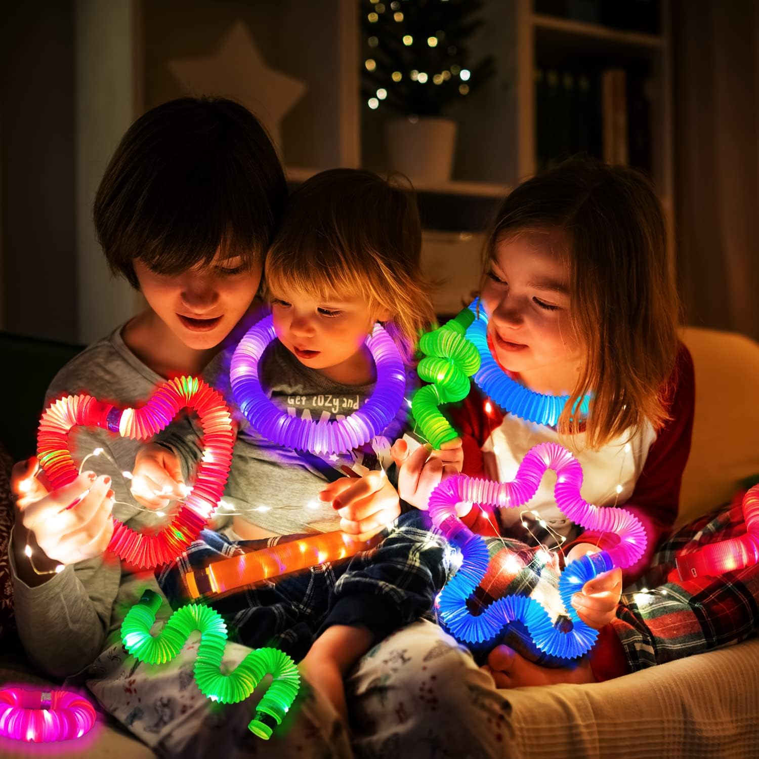Easter Basket Stuffers for Toddlers-6 PCS Light Up Pop Tube Toys Gifts for Kids,...